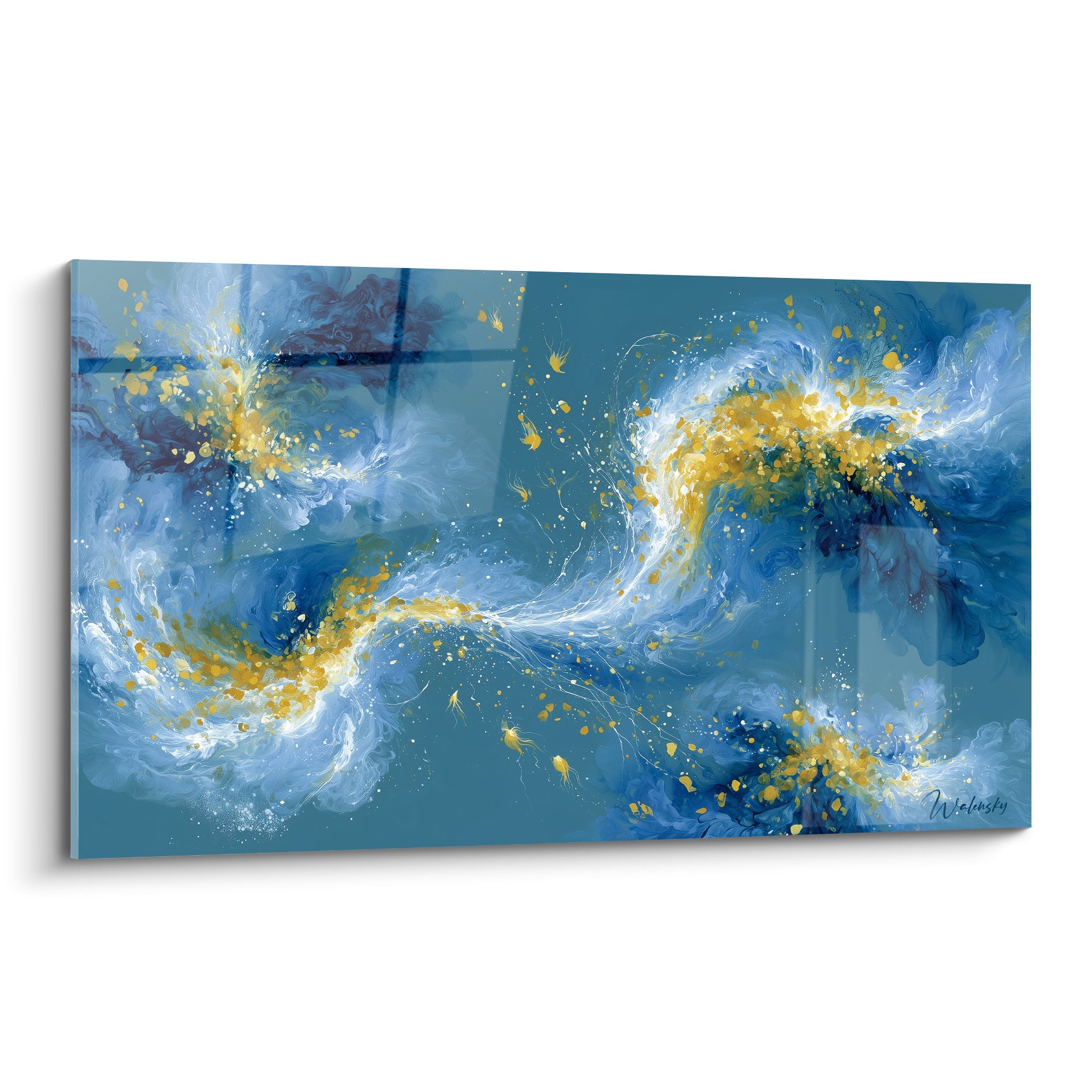 Vagues bleu marine et dorées en tourbillon, tableau Abstrait Coloré fluide et lumineux
