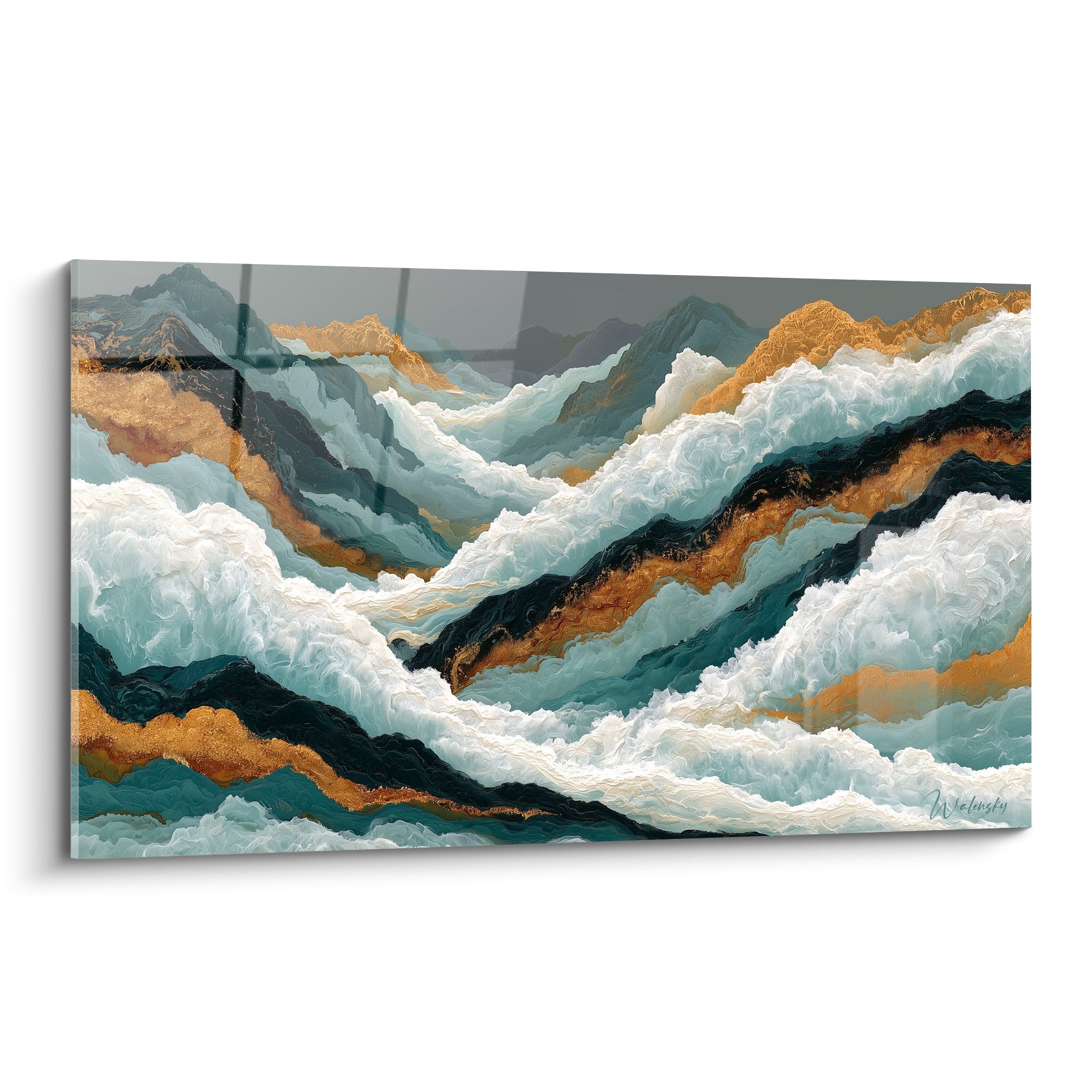 Vagues bleu pétrole et dorées sculptées en écume blanche sur toile abstraite