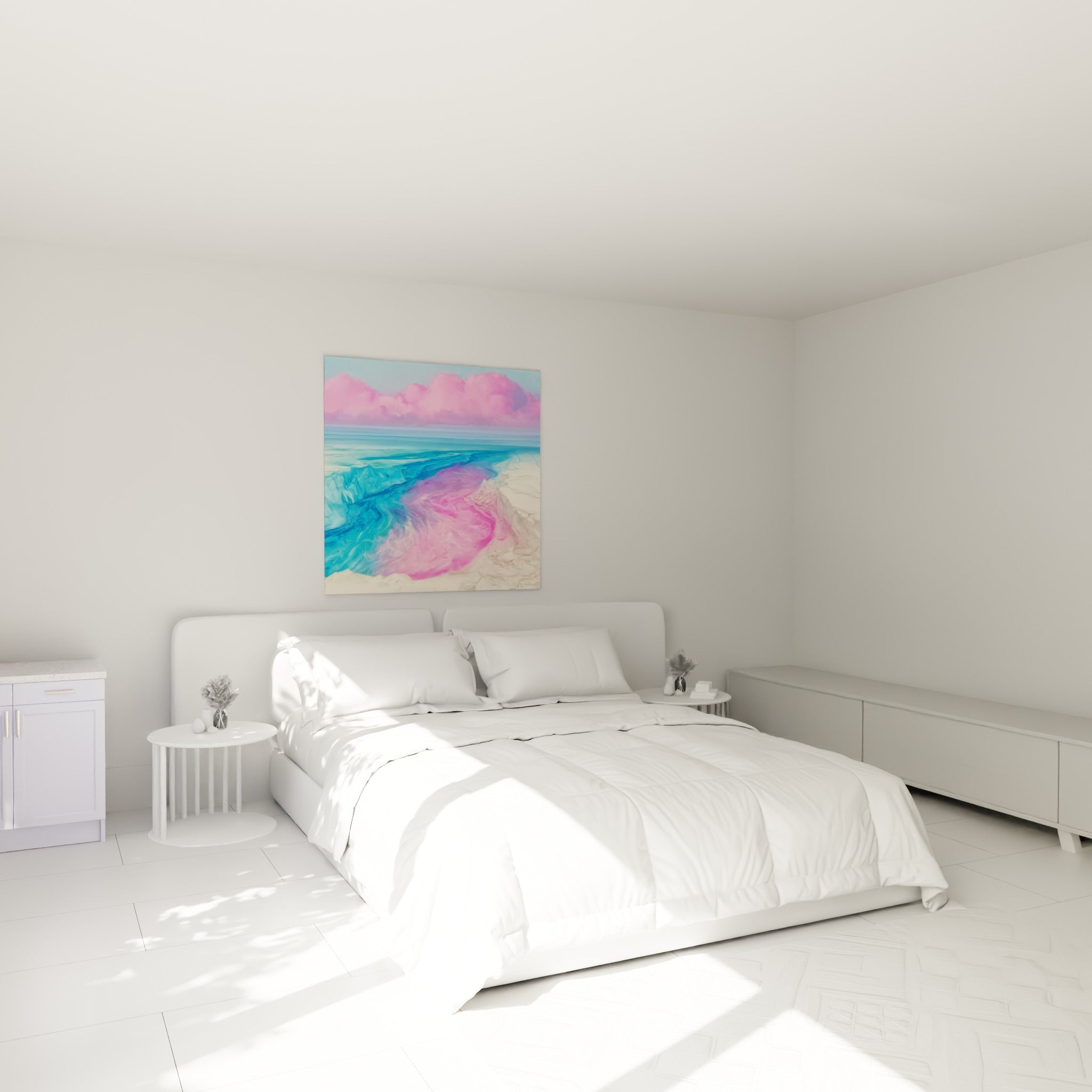 Vagues turquoise et rose fuchsia peintes avec relief, au-dessus d'un lit dans une chambre claire