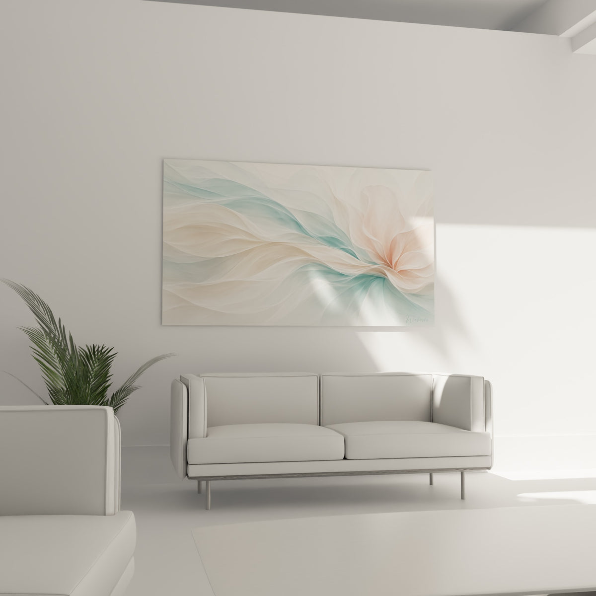 Voiles translucides rose saumon et bleu céladon disposés au-dessus d'un canapé dans un salon lumineux