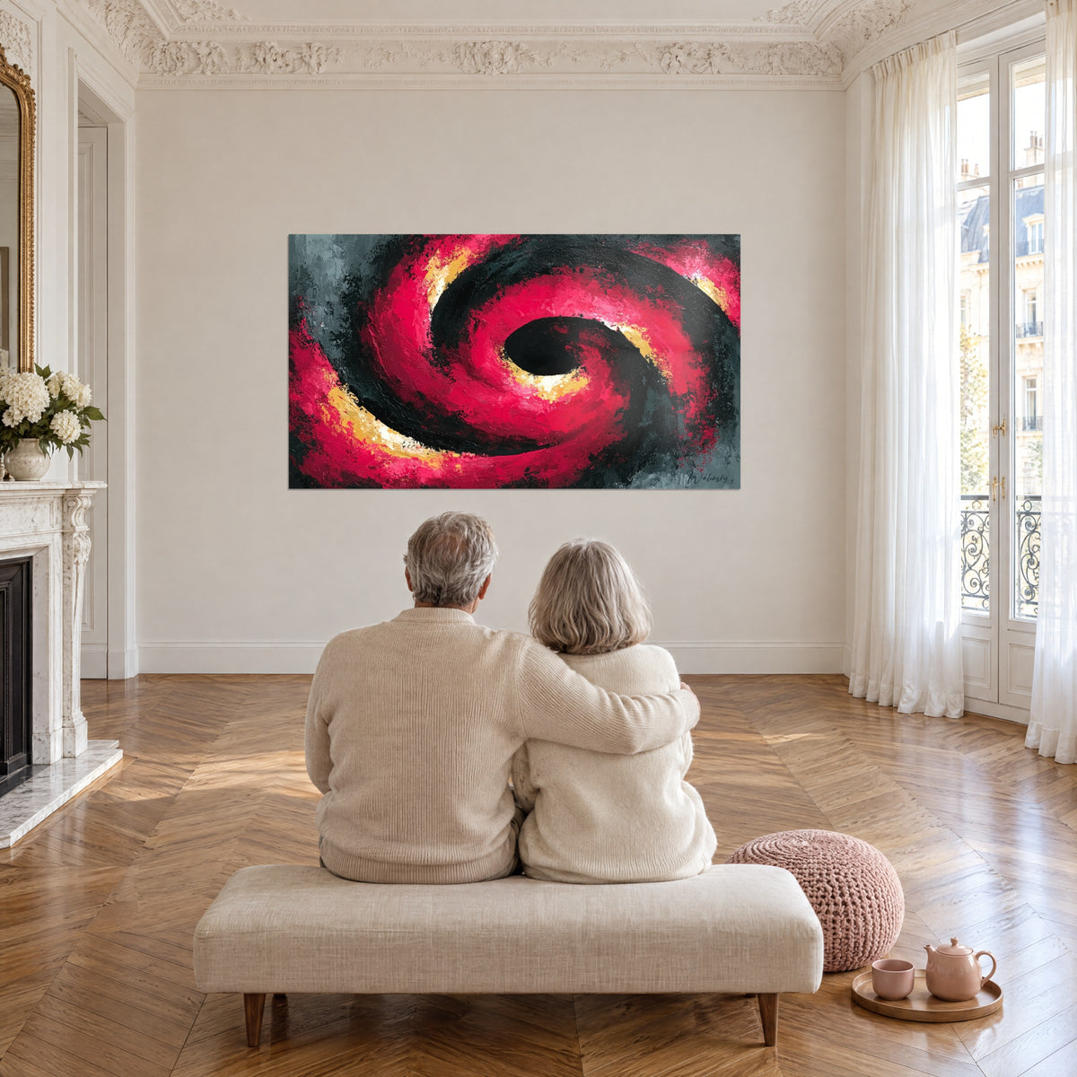 Wall art magenta spiral vertigo and ink black, golden highlights, facing an embracing couple seen from behind on a cream bench, large living room