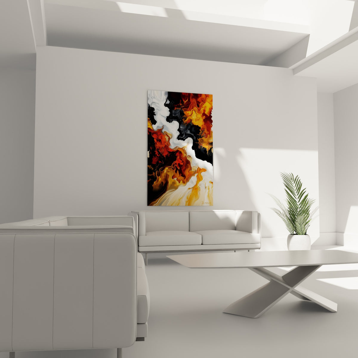 Coulées fauves et anthracite entrelacées de blanc au-dessus d'un canapé dans un salon lumineux