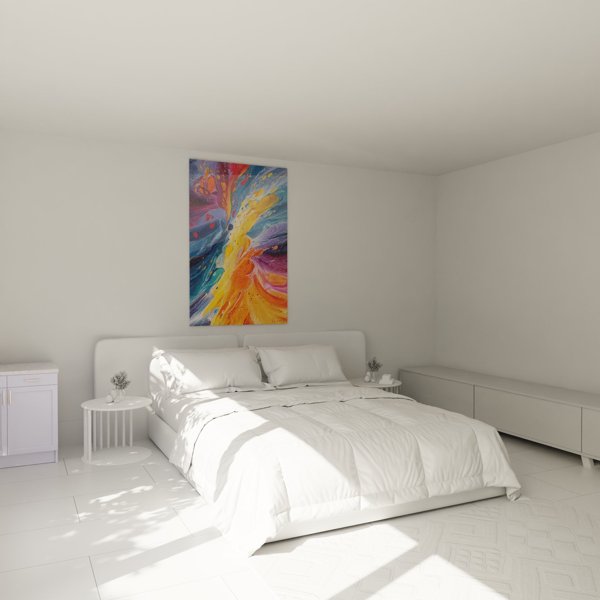 Ambiance chambre avec tableau abstrait explosion couleurs décoration murale moderne