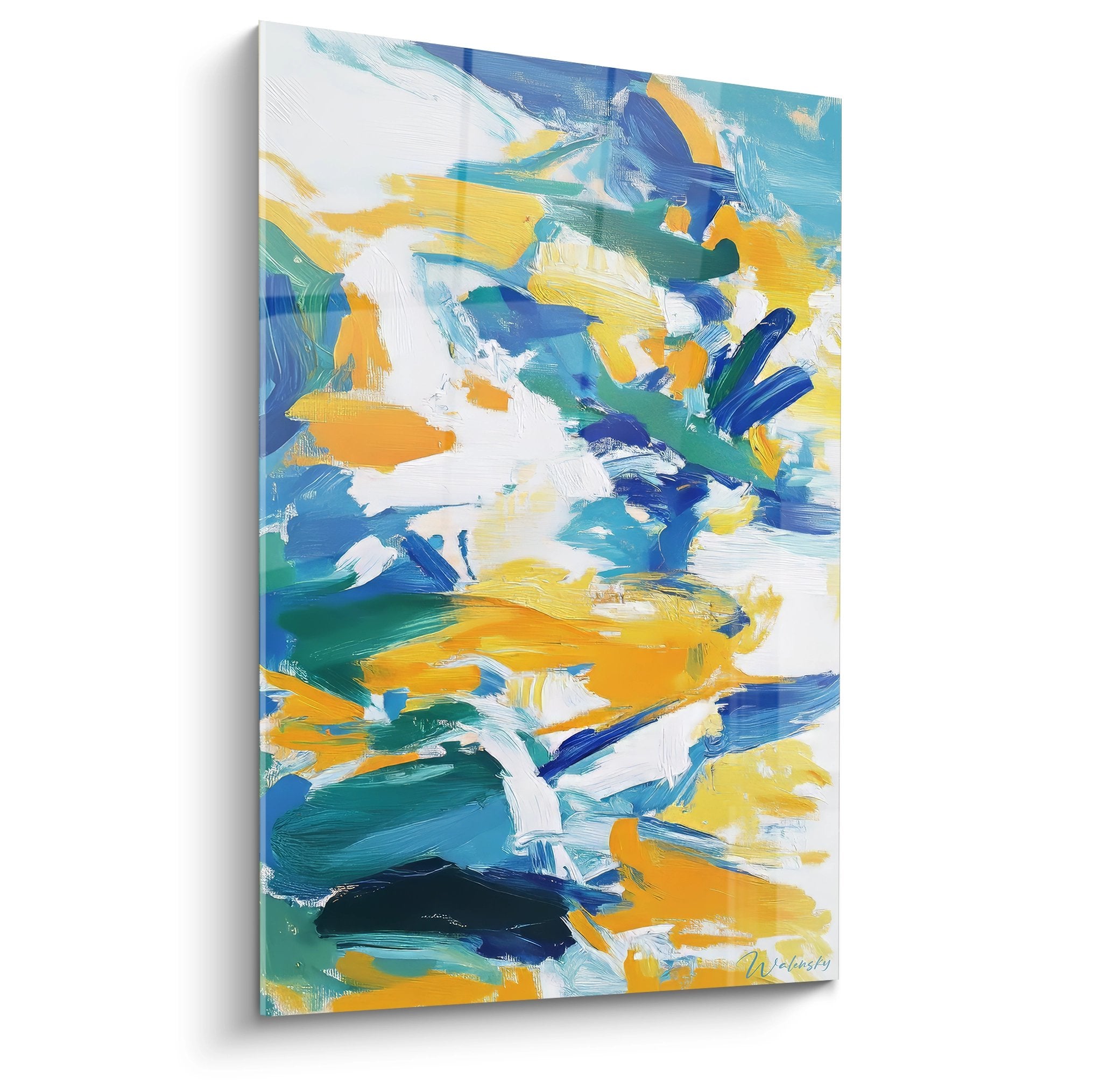 Tableau abstrait aux couleurs vives bleu orange jaune, peinture moderne expressionniste pour décoration murale
