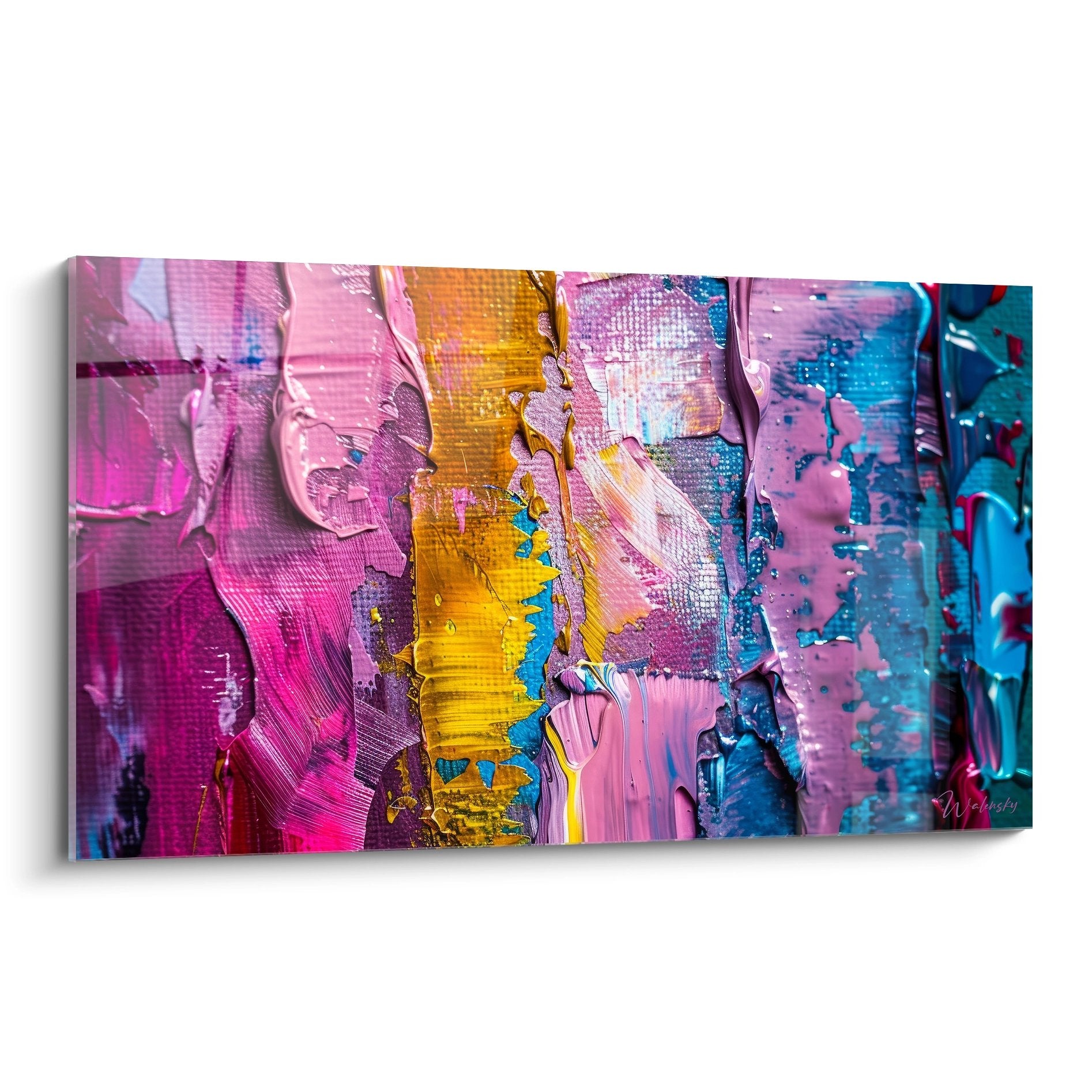 Tableau abstrait couleurs vives roses bleus dorés peinture moderne texturée pour décoration murale