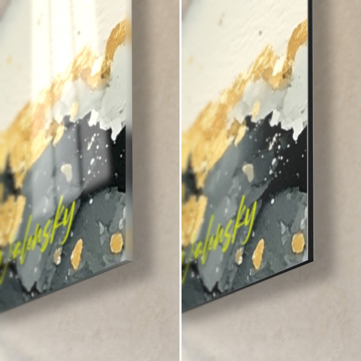 Wall art Golden crack over anthracite and ivory marbling, bottom right corner, glossy acrylic glass and matte Dibond aluminium