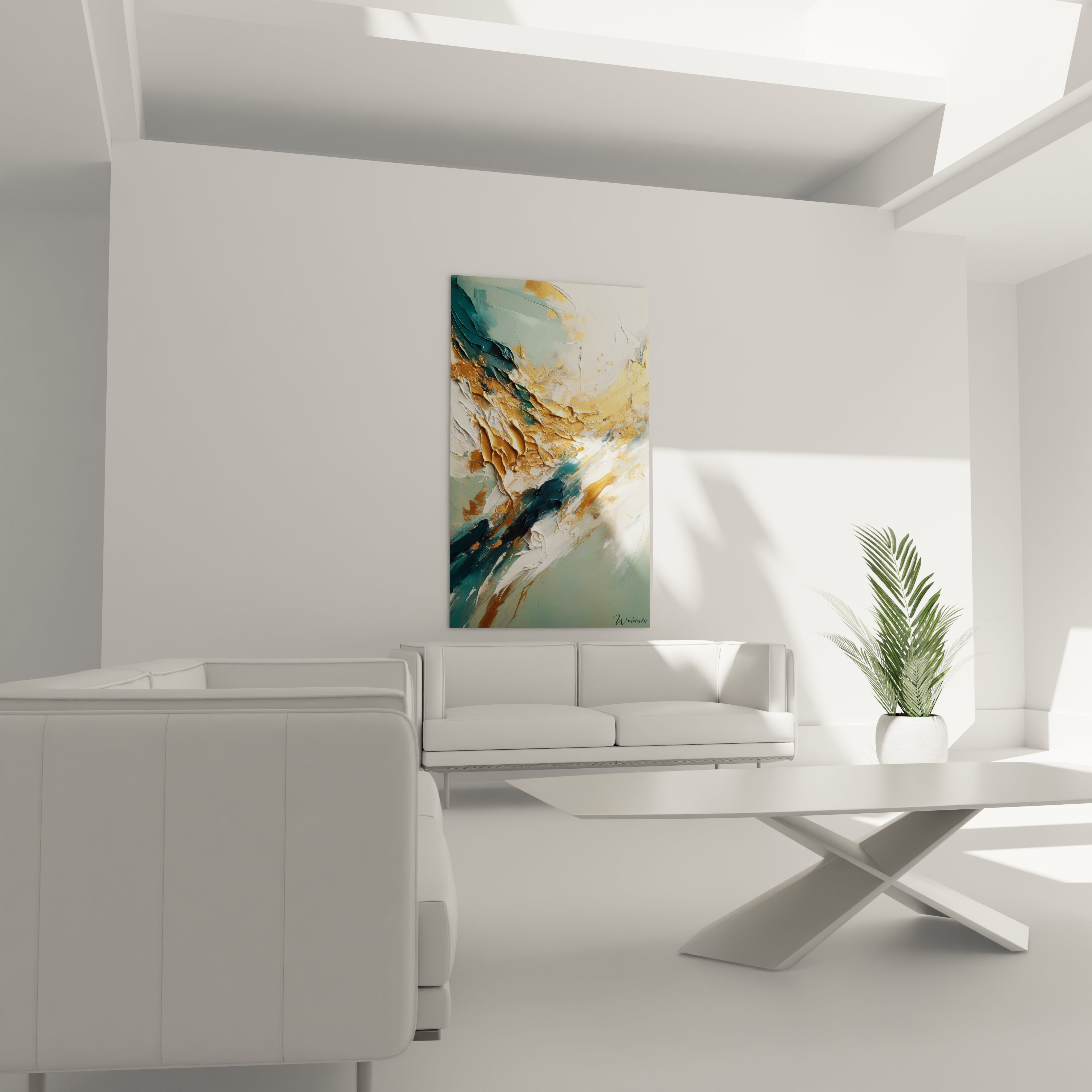 Tableau abstrait avec une palette dominante de blanc crémeux, bleu-vert profond et or métallisé. Les couches de peinture sont appliquées en relief prononcé, formant des crêtes et vallées avec des textures pâteuses et brillantes.