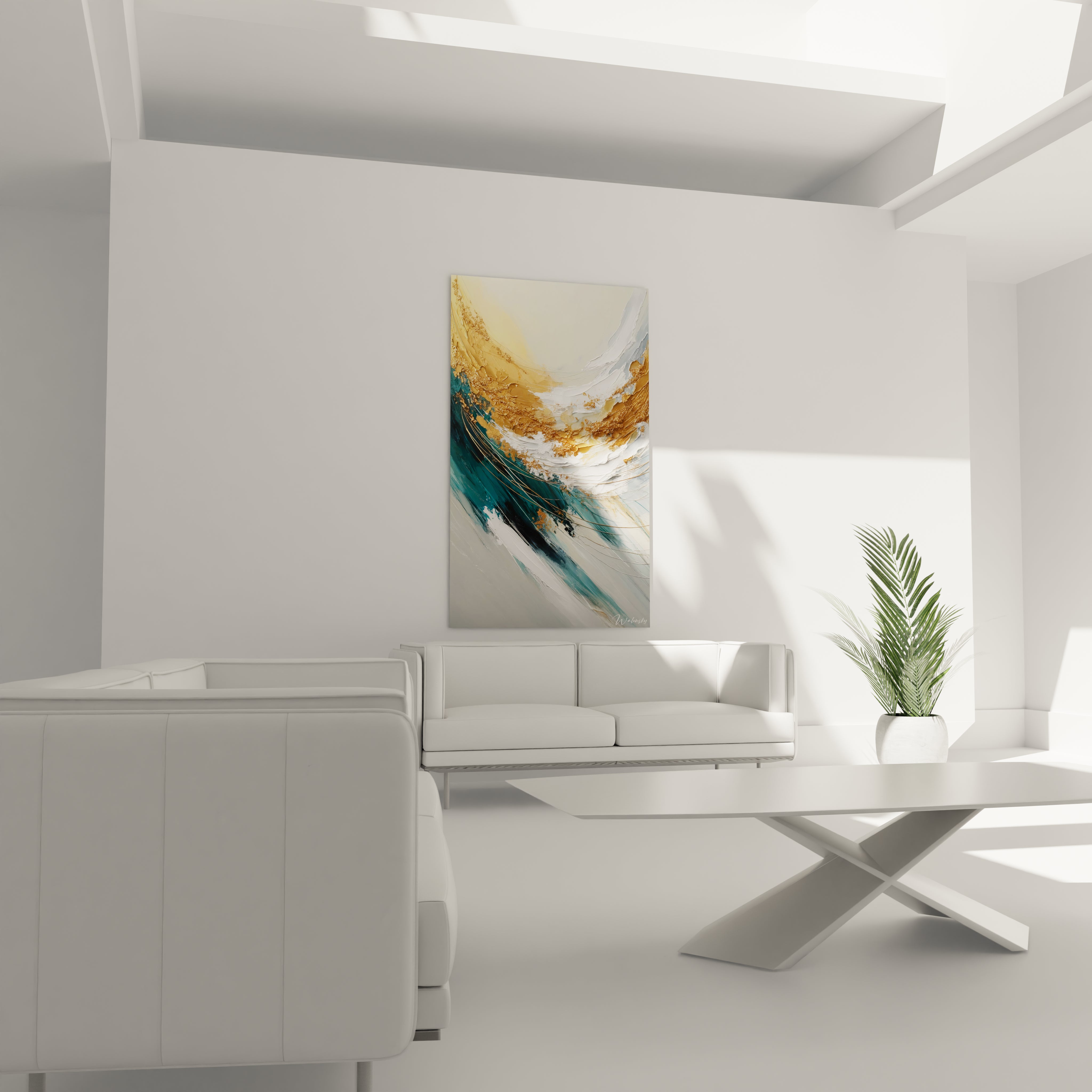 Tableau abstrait présentant une structure semi-circulaire en bleu-vert, blanc et doré. L'œuvre montre une matière picturale très texturée avec des accumulations de peinture, des pigments dorés granuleux et des filaments fins métalliques qui créent une dynamique de mouvement fluide.