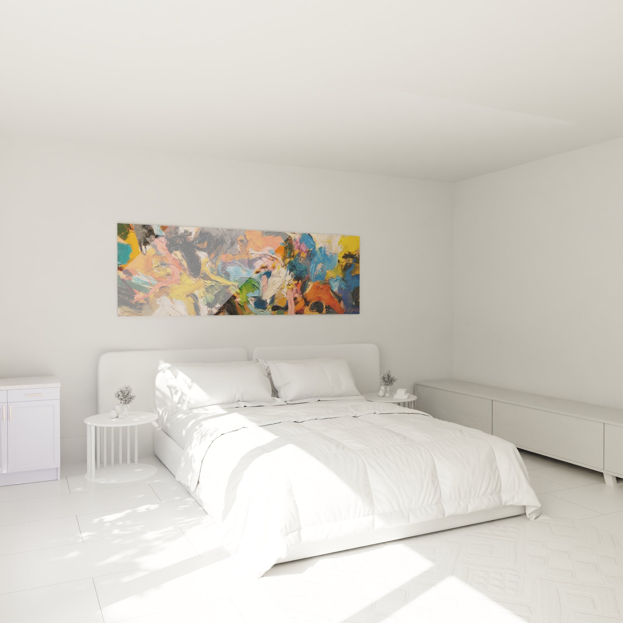 Tableau abstrait multicolore décorant une chambre moderne avec couleurs vives