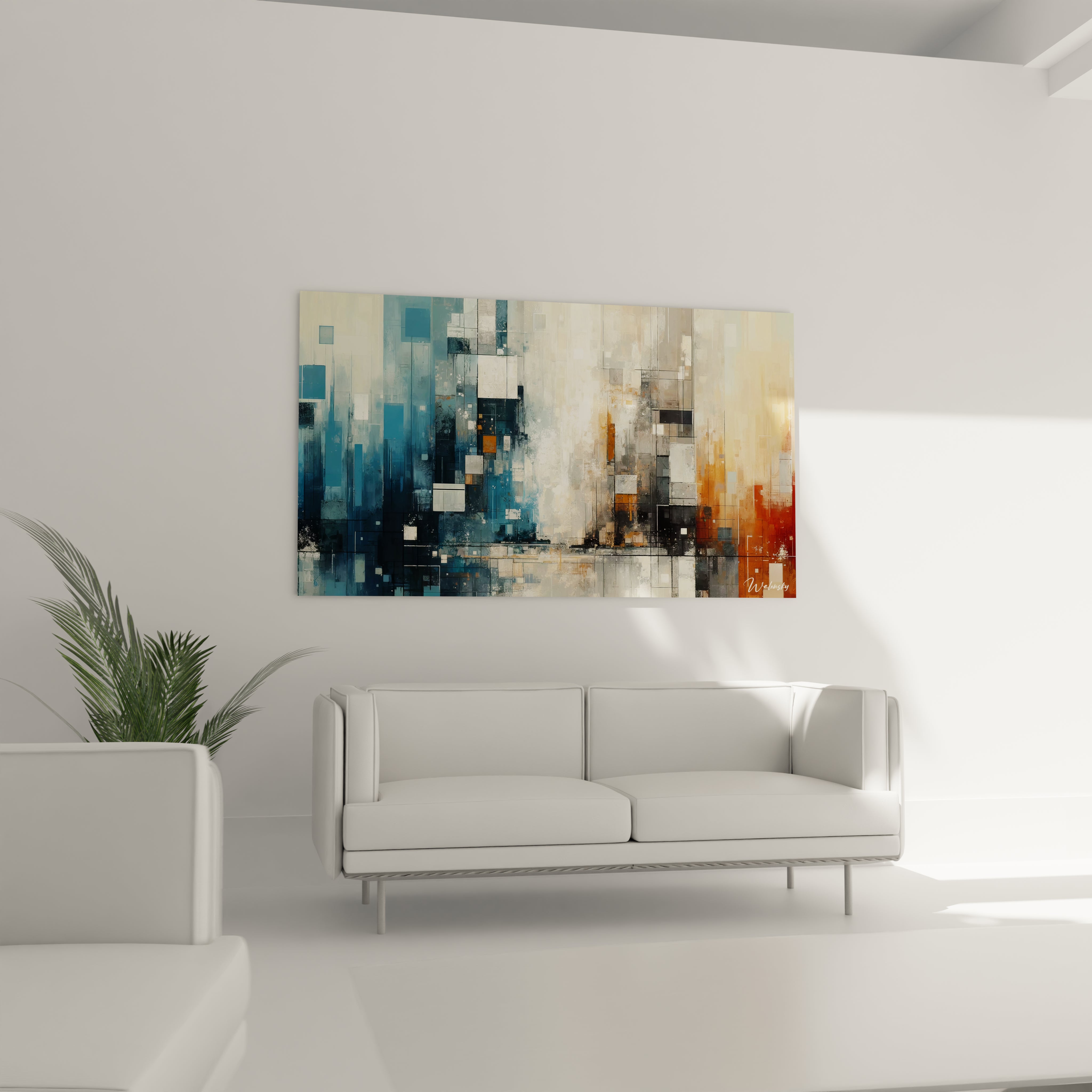 Un tableau abstrait de paysage urbain pixelisé. Les couleurs principales sont bleu cobalt, blanc cassé, terre de Sienne et noir de jais. La texture montre une structure en grille avec des formes géométriques rectangulaires de tailles variées, créant un dégradé de gauche à droite, du bleu froid vers l'ambre chaud, avec un centre lumineux.