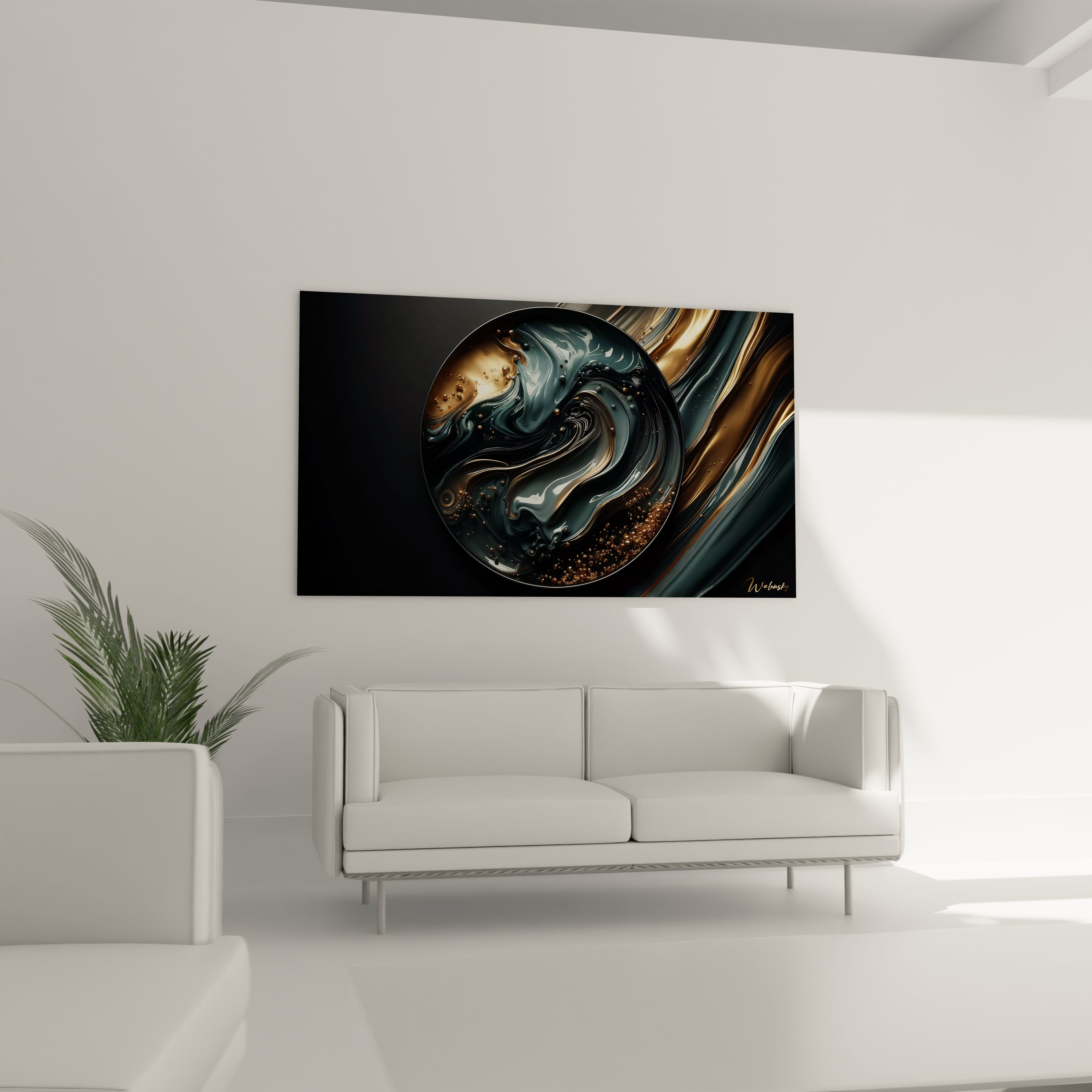 Un tableau abstrait centré sur une forme circulaire, où des volutes dorées et bleu foncé s'entrelacent, rehaussées de reflets lustrés et de bulles sphériques en relief.