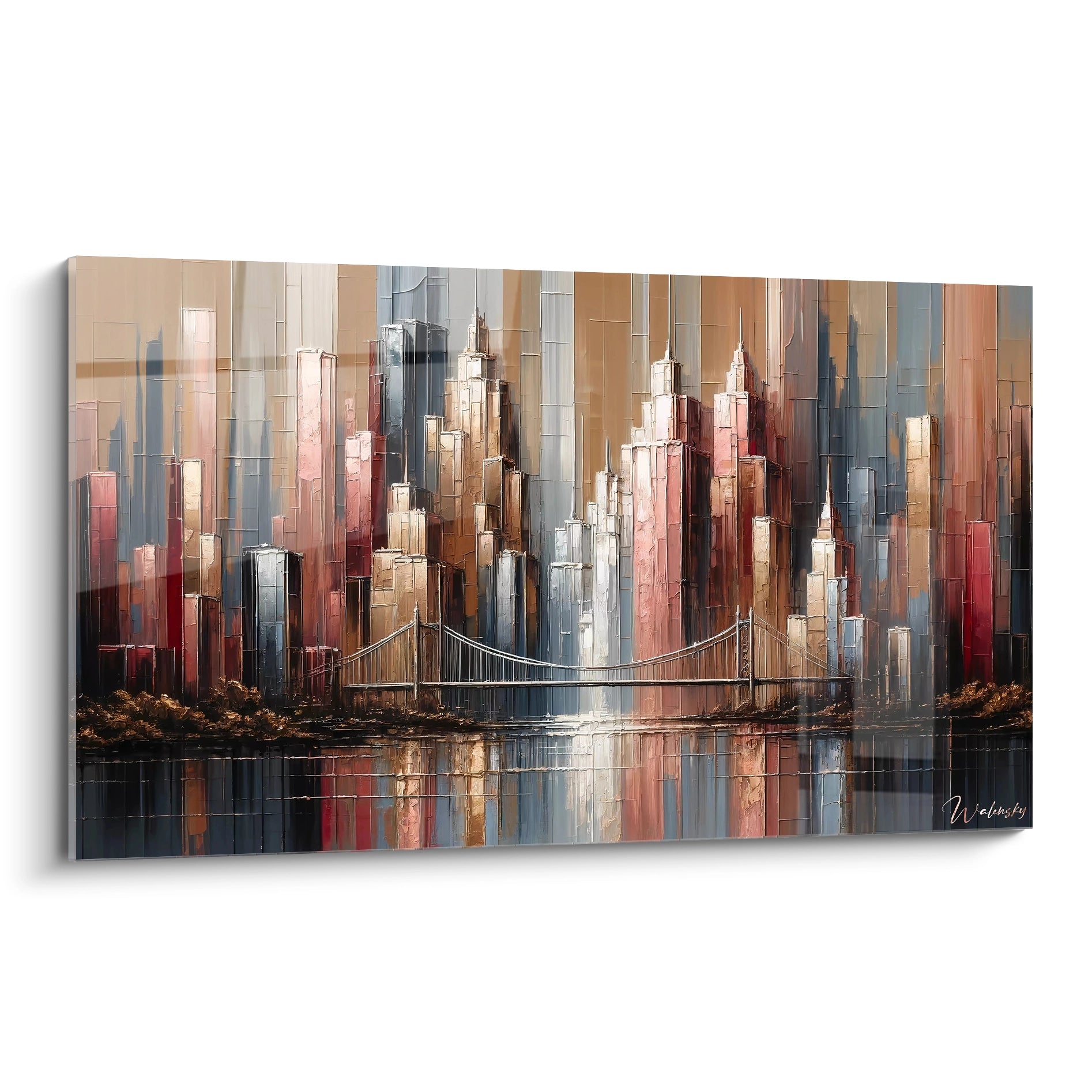 Un tableau abstrait de skyline urbain avec pont suspendu. Dominé par des teintes bronze, rouge brique, gris acier et ocre. La texture présente des applications de peinture au couteau créant des formes rectangulaires verticales représentant des gratte-ciels, avec un pont suspendu fin traversant l'eau, le tout se reflétant dans la surface miroitante.