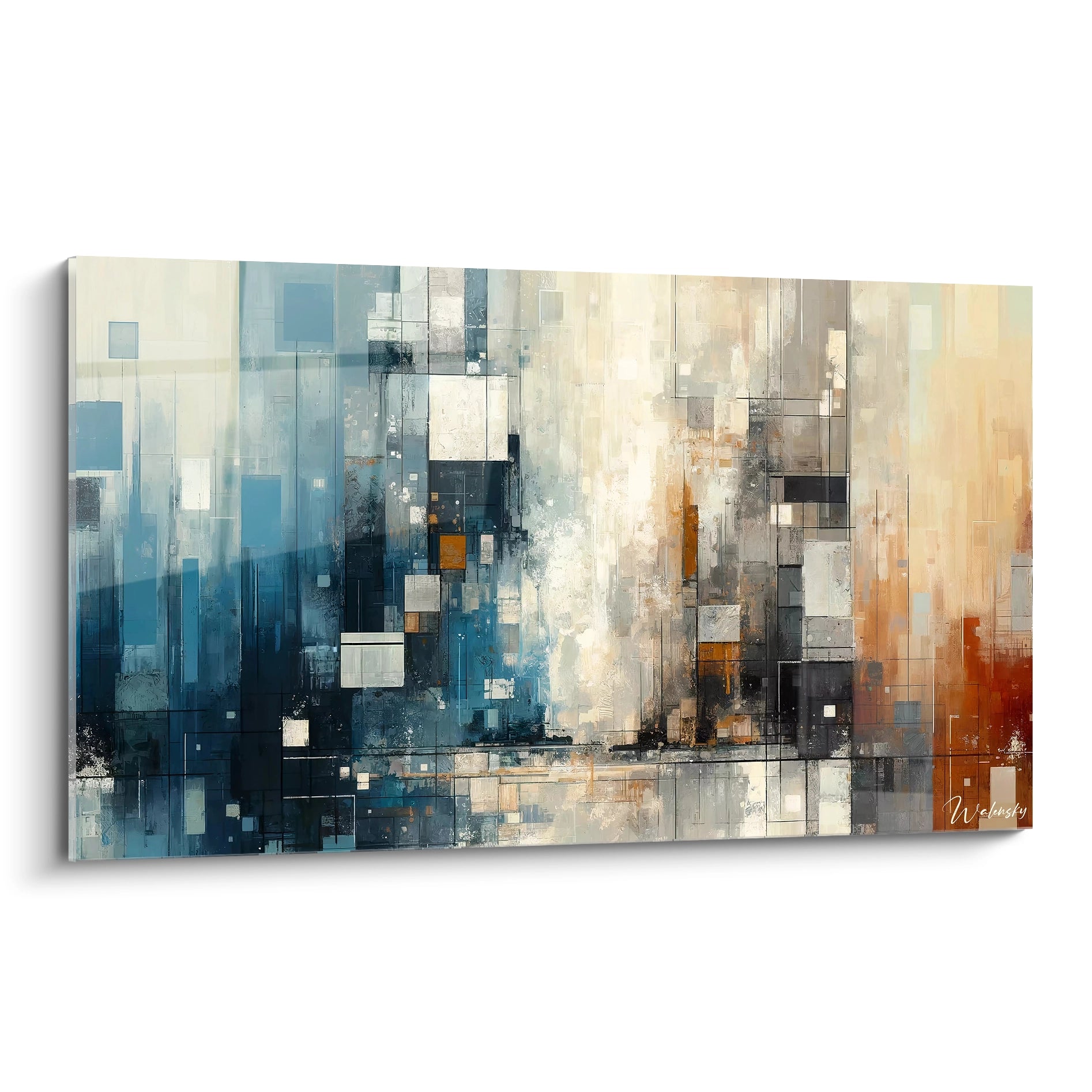 Un tableau abstrait géométrique composé de rectangles superposés. Dominé par des teintes bleu pétrole, blanc ivoire, ocre rouille et gris anthracite. La texture présente des formes carrées et rectangulaires de différentes tailles reliées par des lignes fines, avec des zones transparentes et d'autres plus denses créant un effet de profondeur.