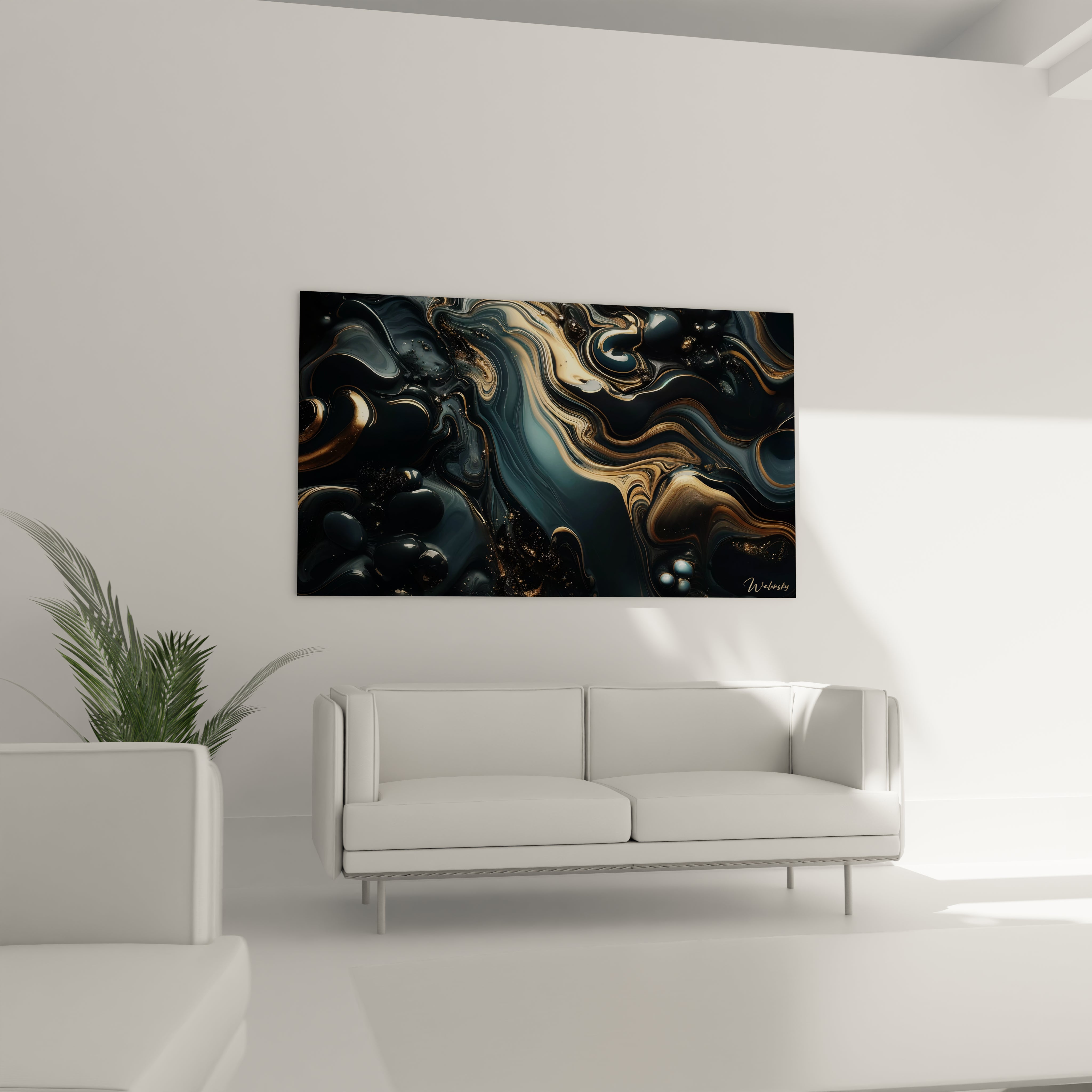 Un tableau abstrait centré sur des volutes liquides en noir, bleu acier et or, avec des effets de surface lustrée, de bulles arrondies et de courbes en mouvement.