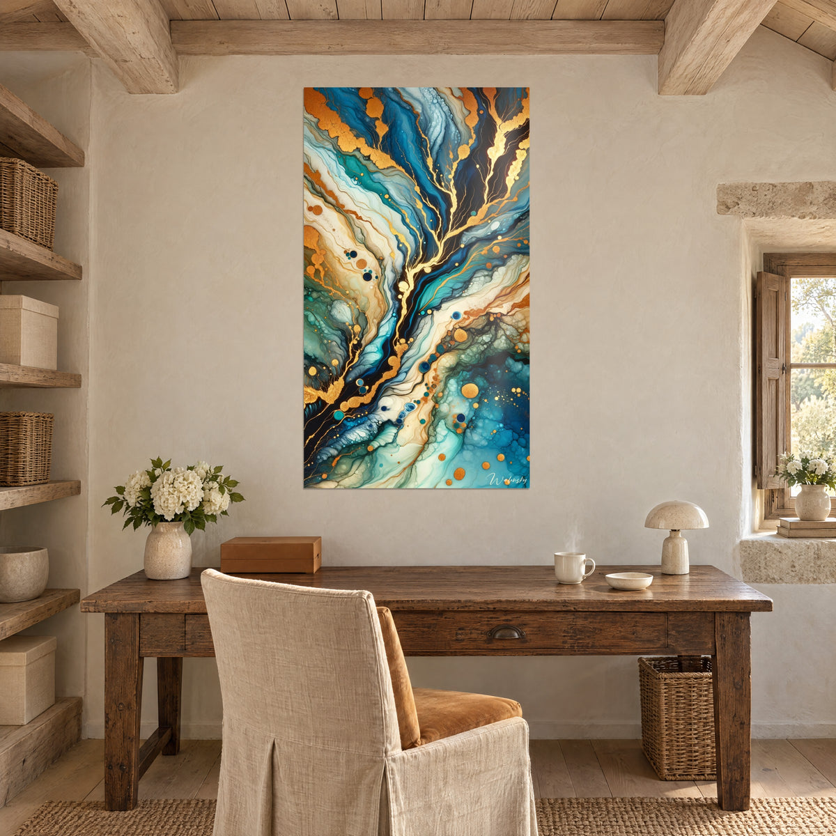 Cuadro de delta fluido con filamentos dorados, azul medianoche y verde agua, burbujas ámbar, encima de un escritorio de madera, vigas vistas
