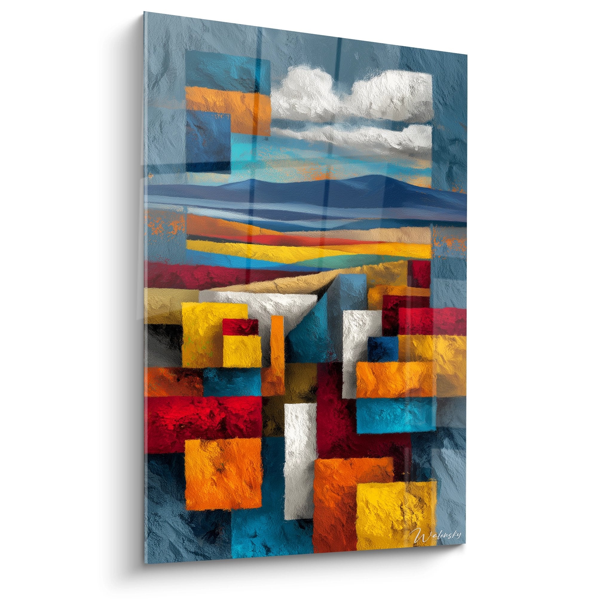 Tableau abstrait désert aux formes géométriques colorées avec ciel nuageux et montagnes stylisées