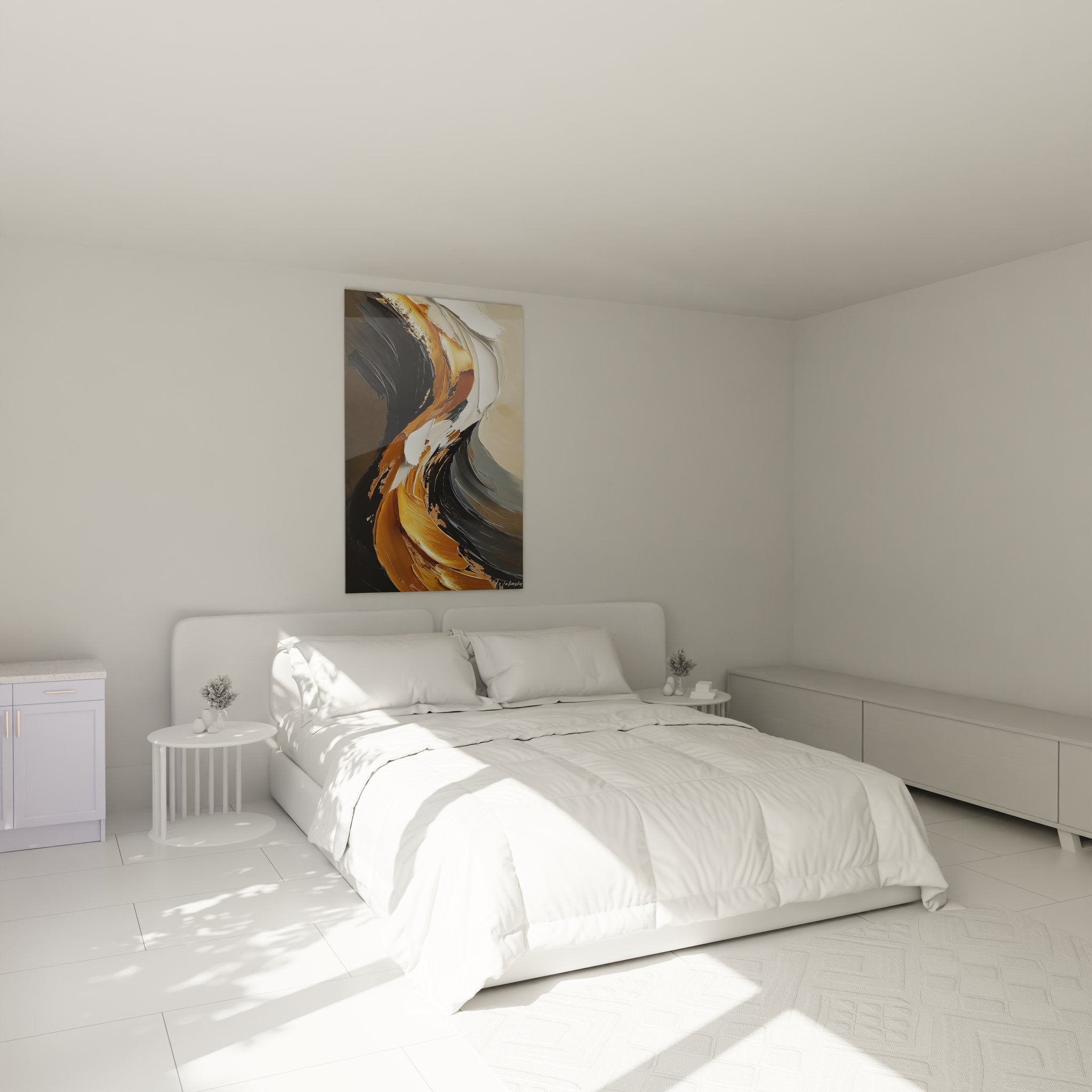 Tableau abstrait doré dans chambre moderne, art mural fluide pour décoration intérieure contemporaine