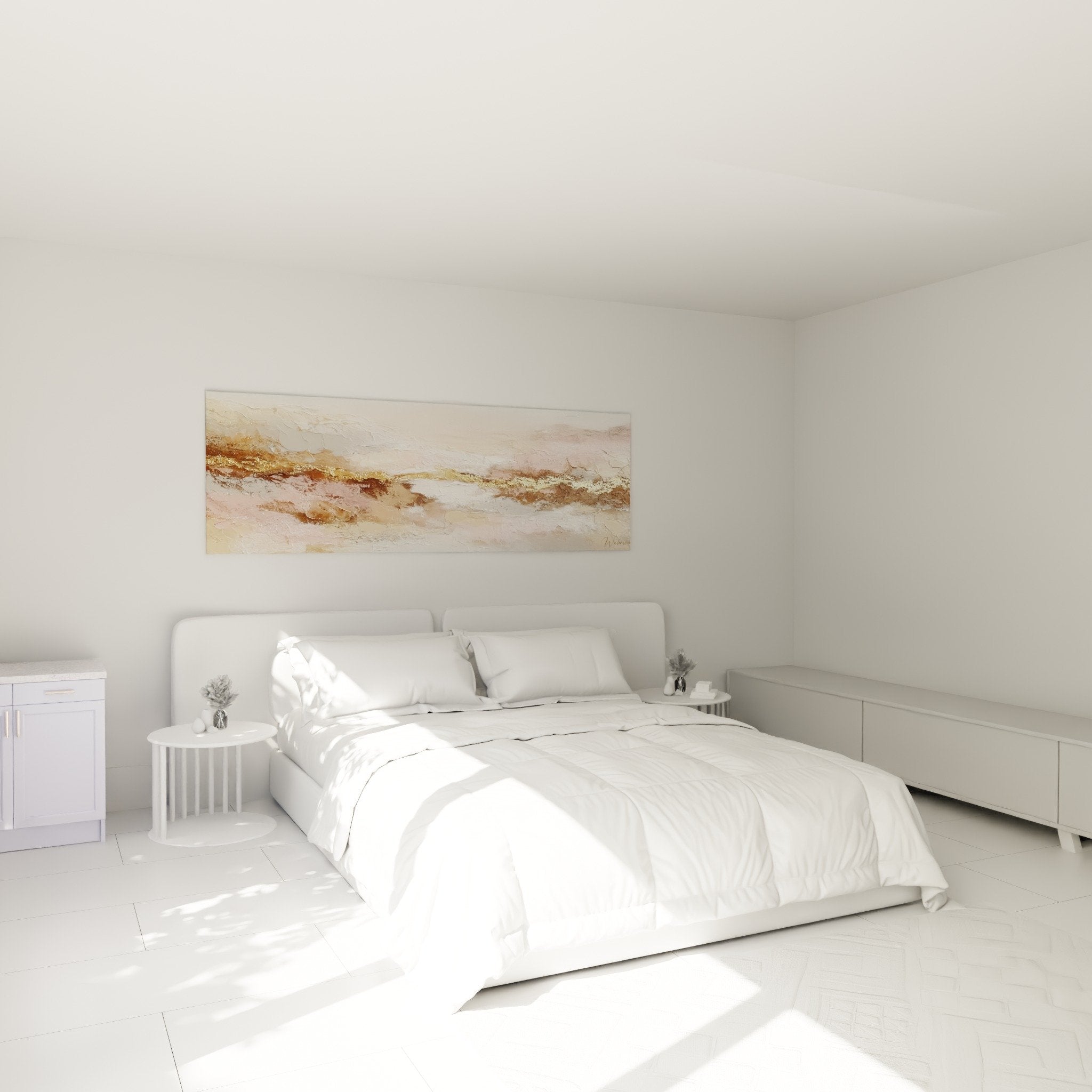 Tableau abstrait doré et rose poudré dans chambre moderne aux murs blancs et mobilier naturel