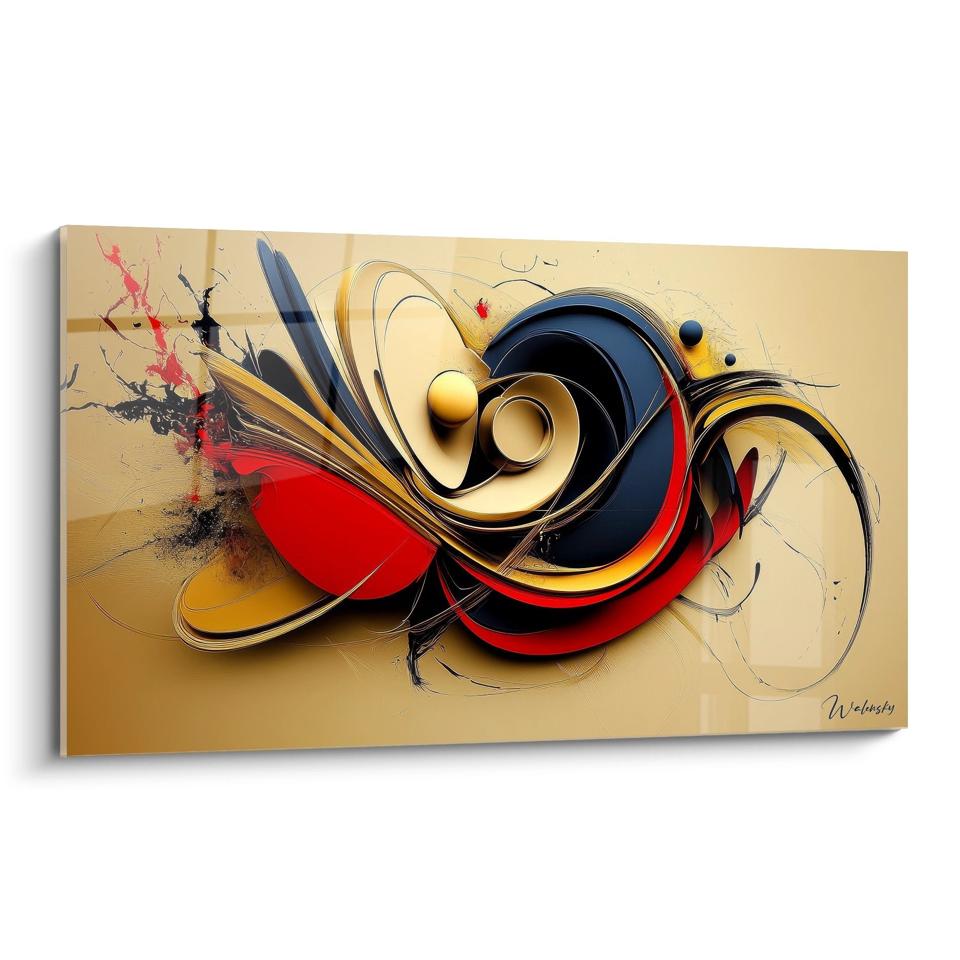 Tableau abstrait dynamique avec spirales rouges noires et dorées sur fond beige moderne