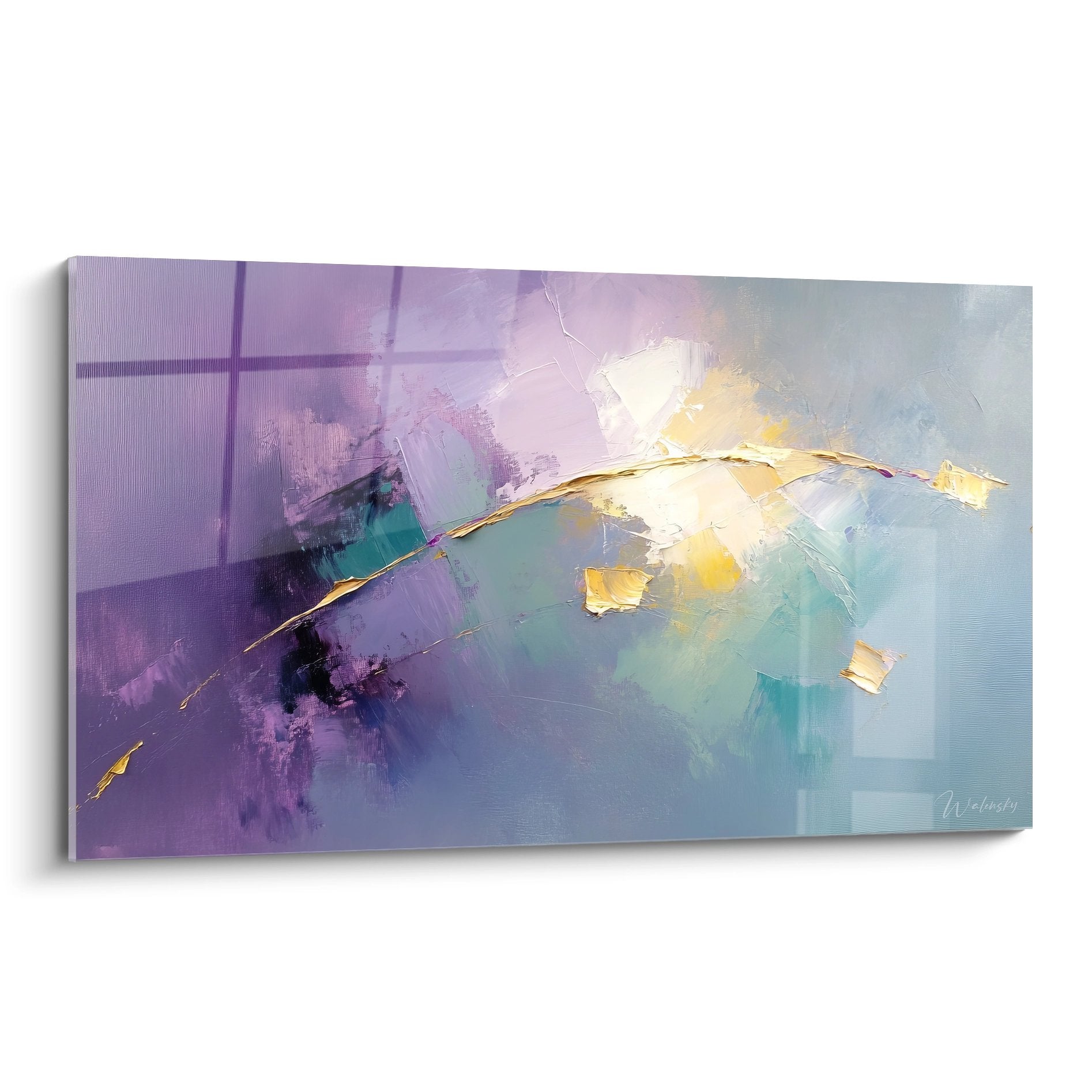 Tableau abstrait moderne aux tons violets et dorés avec mouvement dynamique convergent