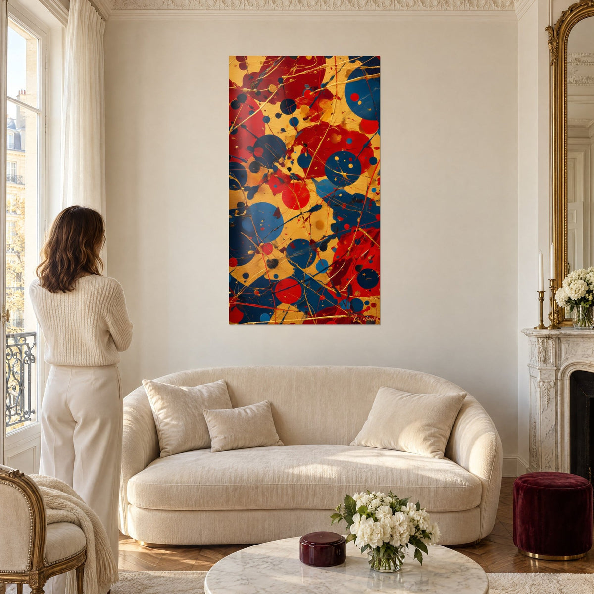 Tableau éclaboussures rouges et bleues sur fond doré, filets d'or, femme de dos, au-dessus d'un canapé dans un salon lumineux