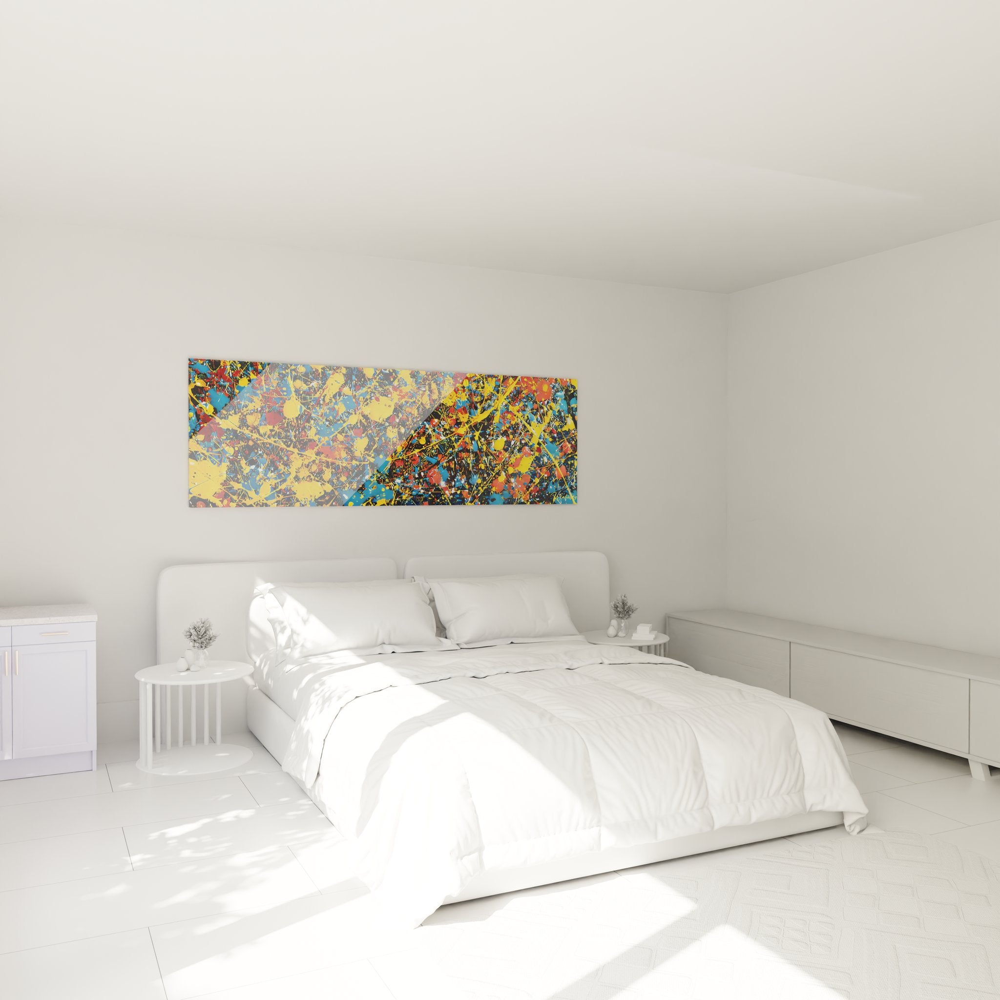 Tableau éclaboussures colorées abstraites décorant chambre moderne ambiance contemporaine art mural