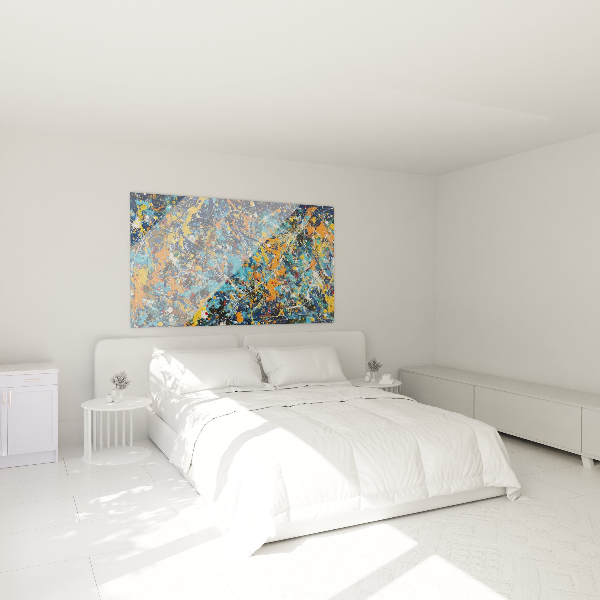 Tableau abstrait éclaboussures colorées décorant une chambre moderne avec style contemporain