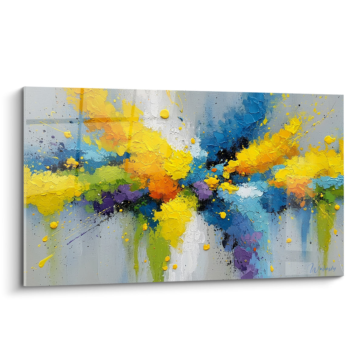 Éclaboussures jaunes, bleues et violettes sur fond gris texturé, style Peinture abstrait en gros relief