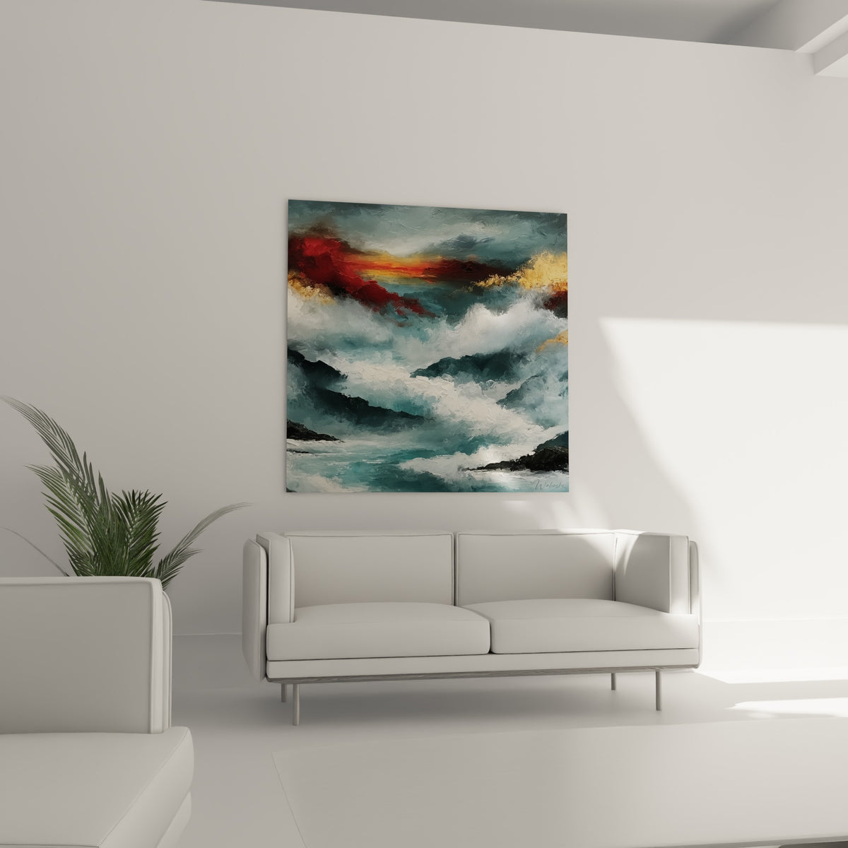 Écume blanche et rochers anthracite sous un ciel rouge feu placés au-dessus d'un canapé dans un salon lumineux