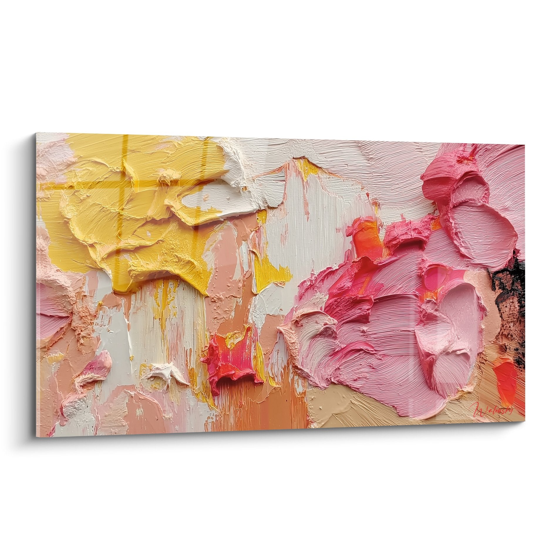 Tableau abstrait empâtements jaune rose blanc peinture épaisse feng shui sud-ouest terre