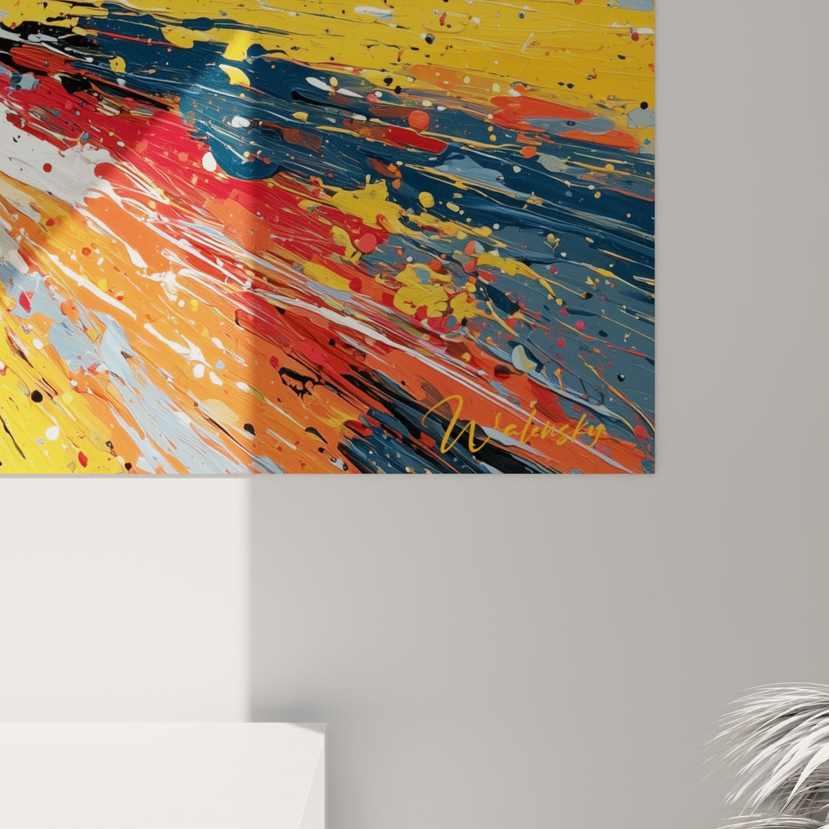 Empâtements épais jaune et rouge, coulures blanches sur fond anthracite, matière du tableau style Peinture abstrait vue de près