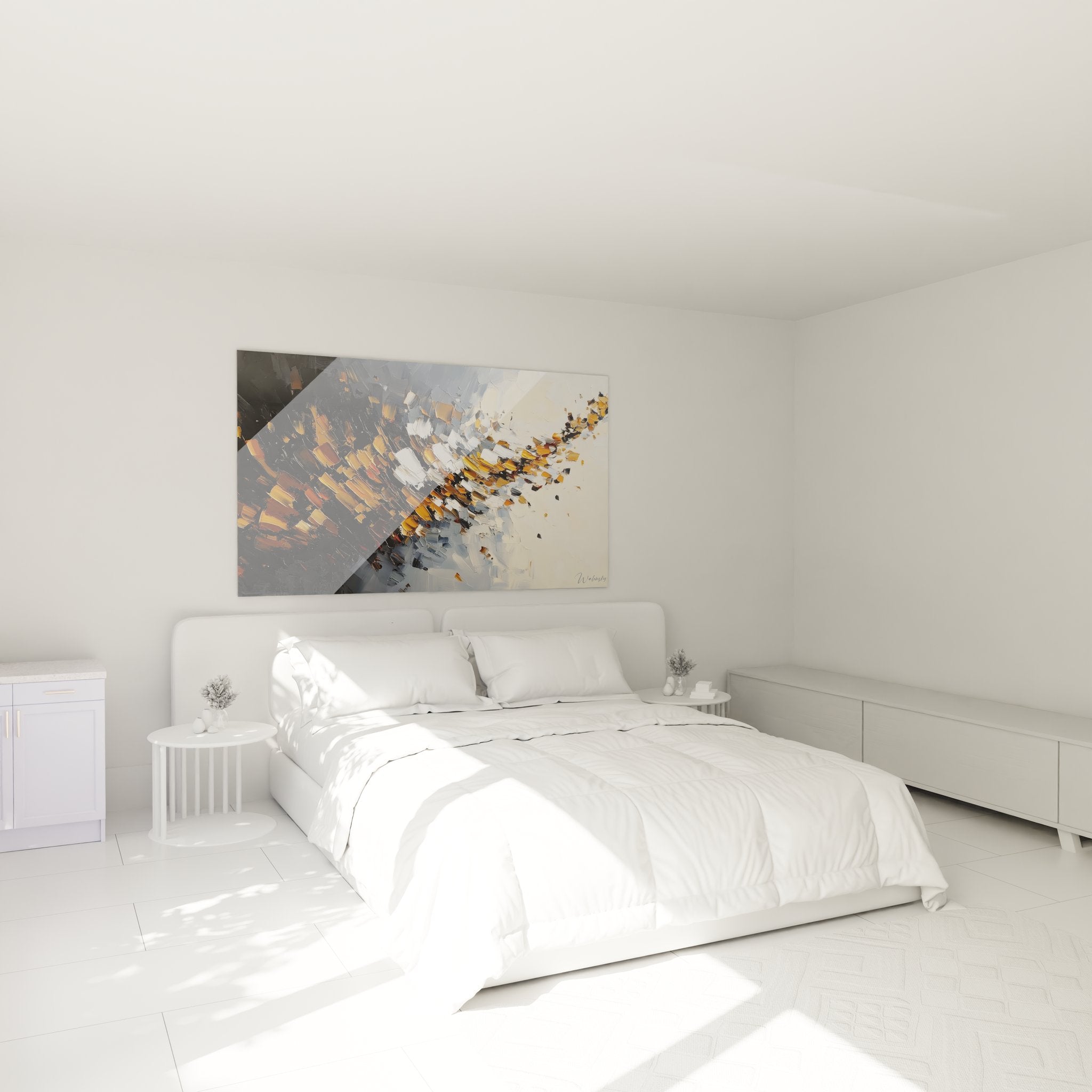 Tableau explosion abstraite dans chambre moderne, décoration murale contemporaine orange et gris