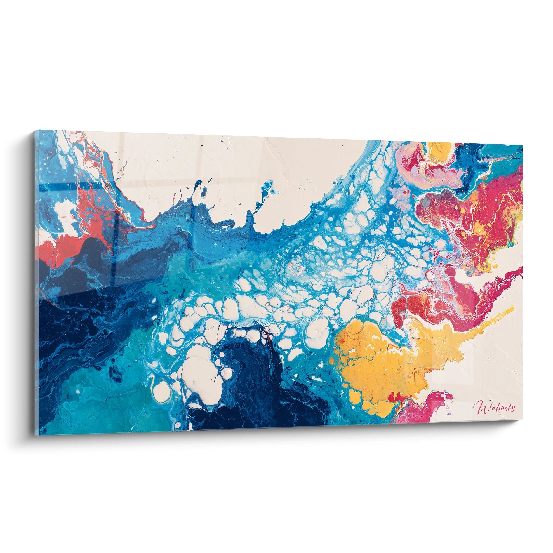 Tableau abstrait explosion colorée aux tons bleus roses jaunes, art mural moderne décoratif