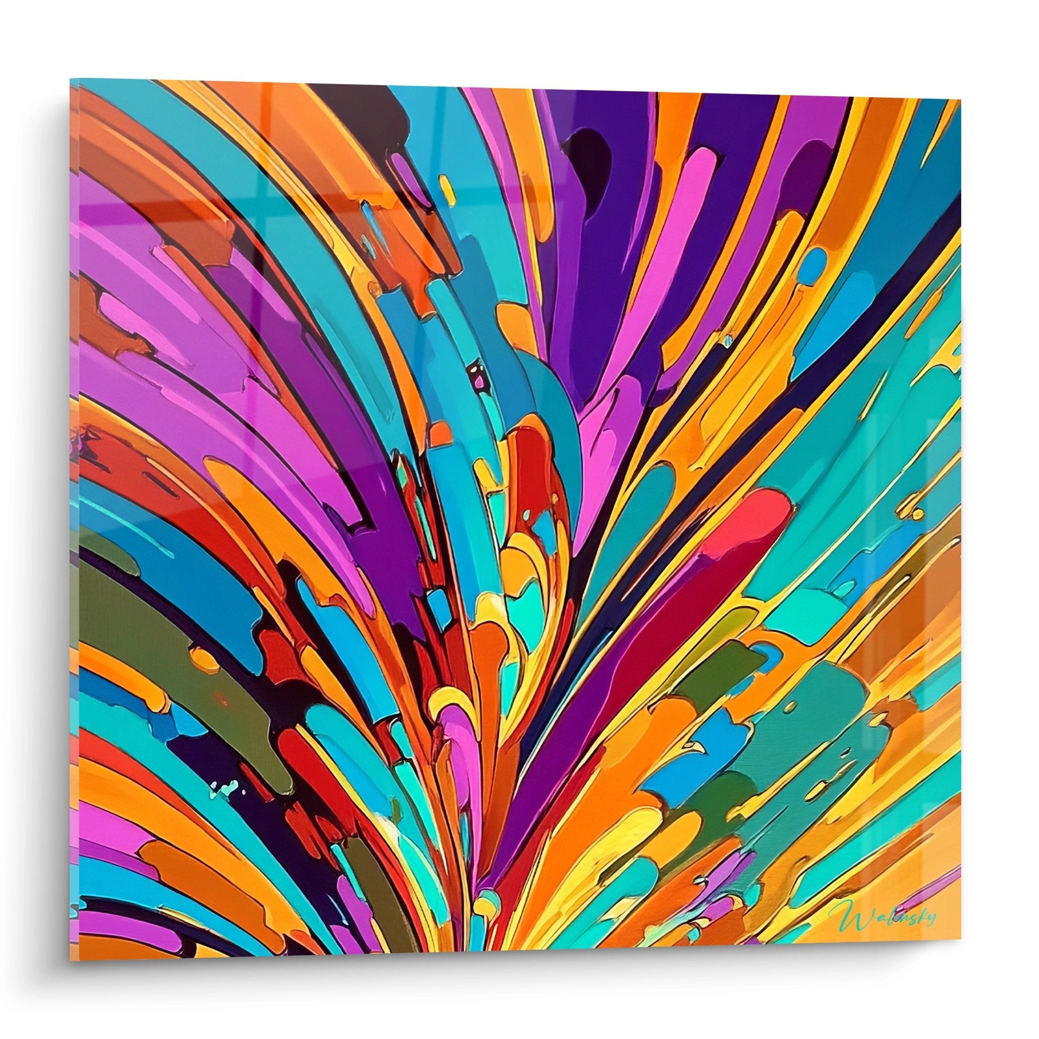 Tableau abstrait explosion colorée avec rayonnement multicolore orange violet turquoise