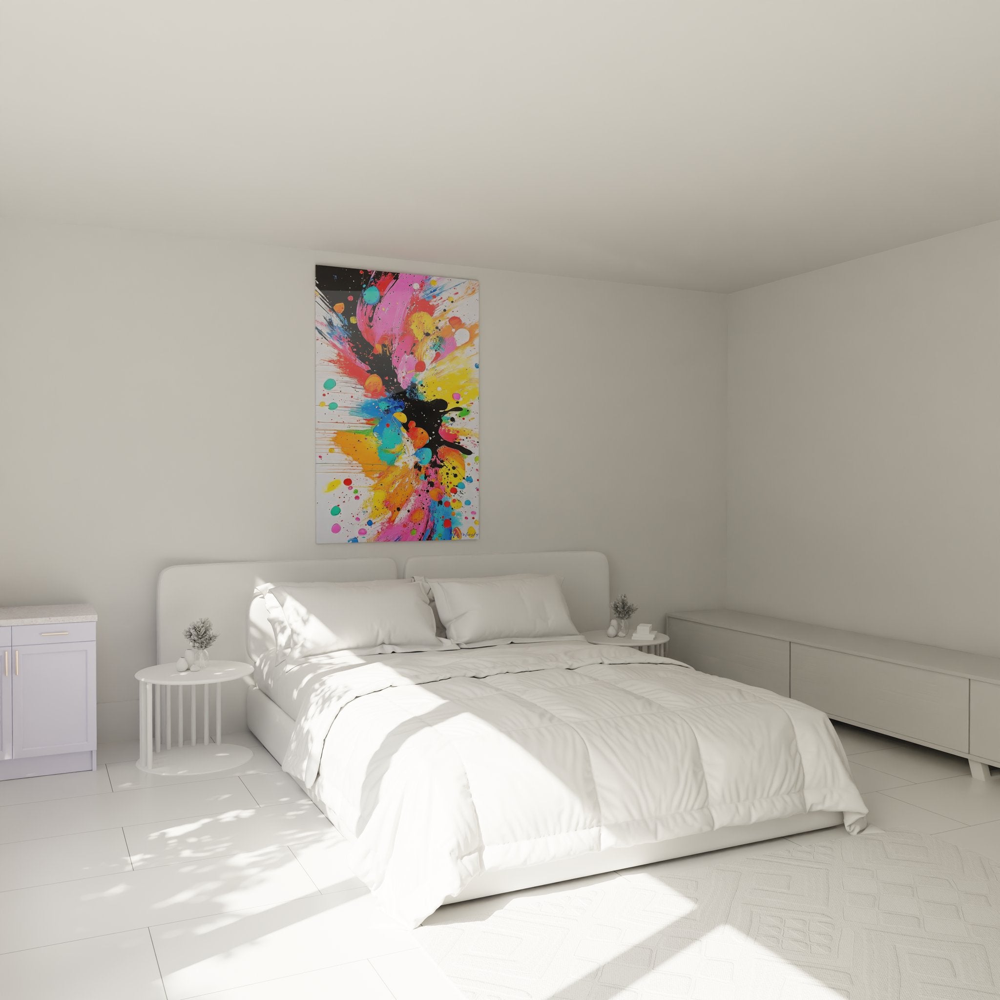 Ambiance chambre avec tableau abstrait explosion de couleurs accroché au mur