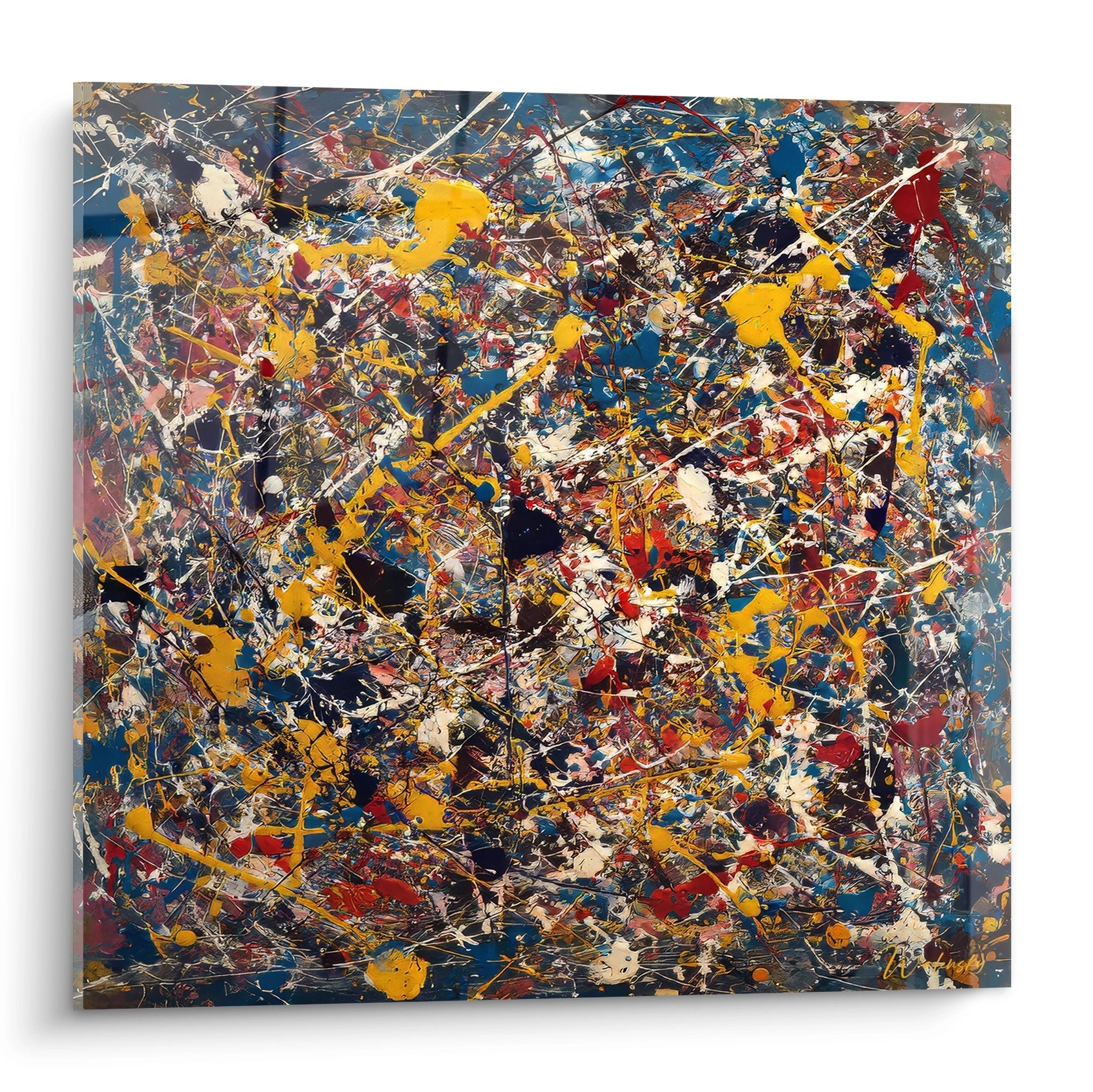 Tableau abstrait explosion couleurs jaune bleu rouge sur fond sombre style Jackson Pollock décoration moderne