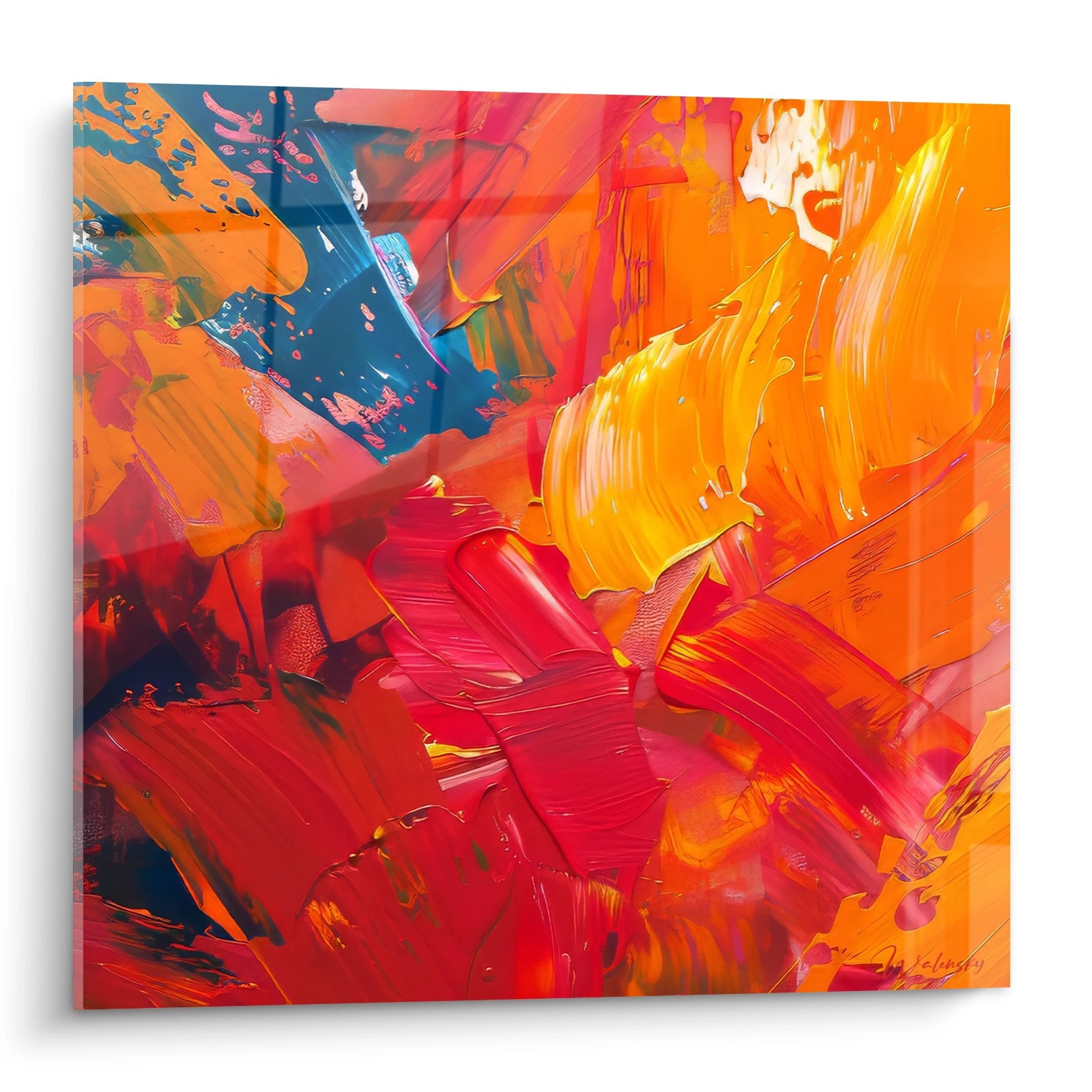 Tableau abstrait explosion couleurs chaudes rouge orange bleu art moderne contemporain