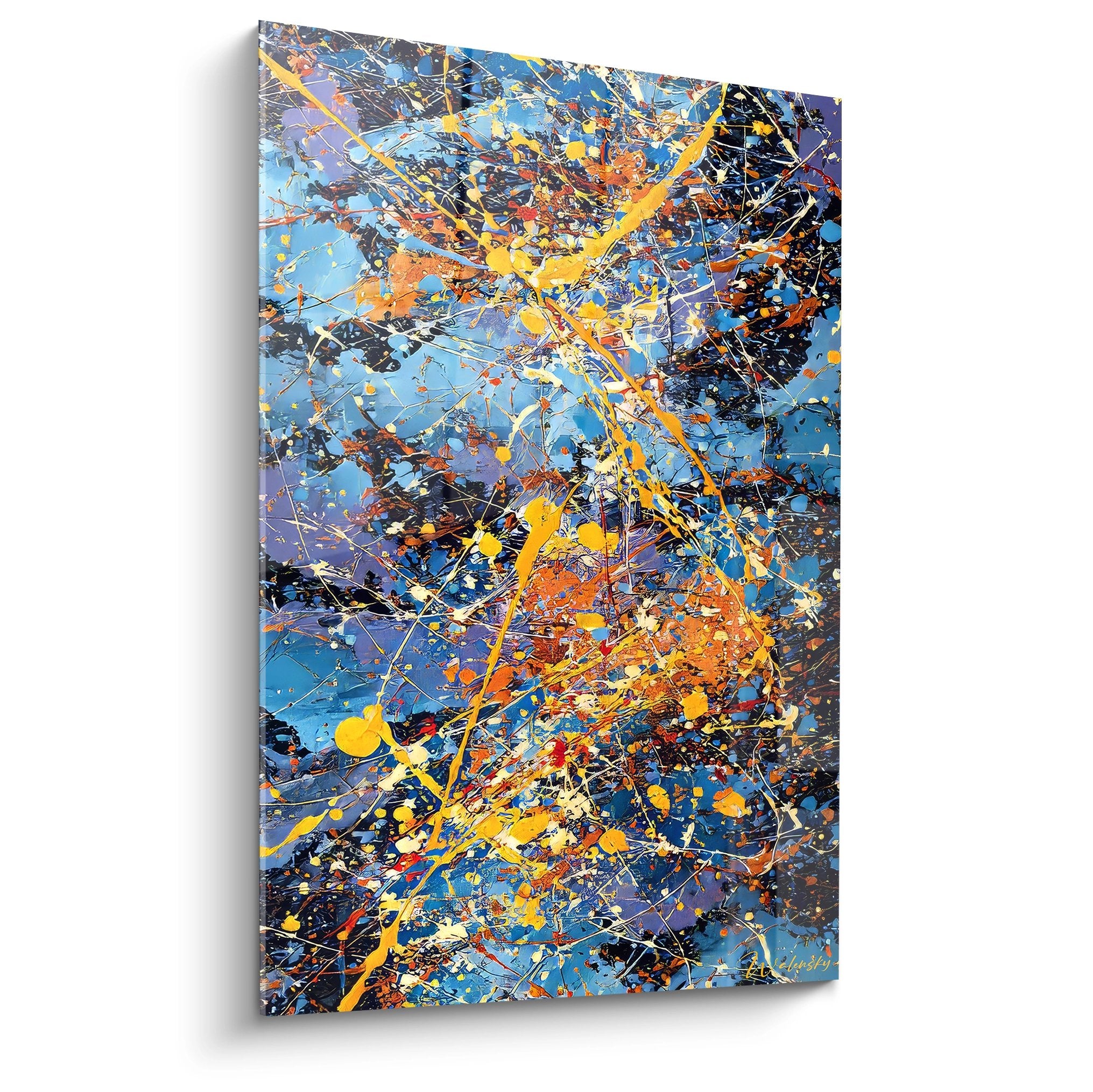 Tableau abstrait explosion couleurs bleu jaune orange éclaboussures peinture moderne art mural contemporain