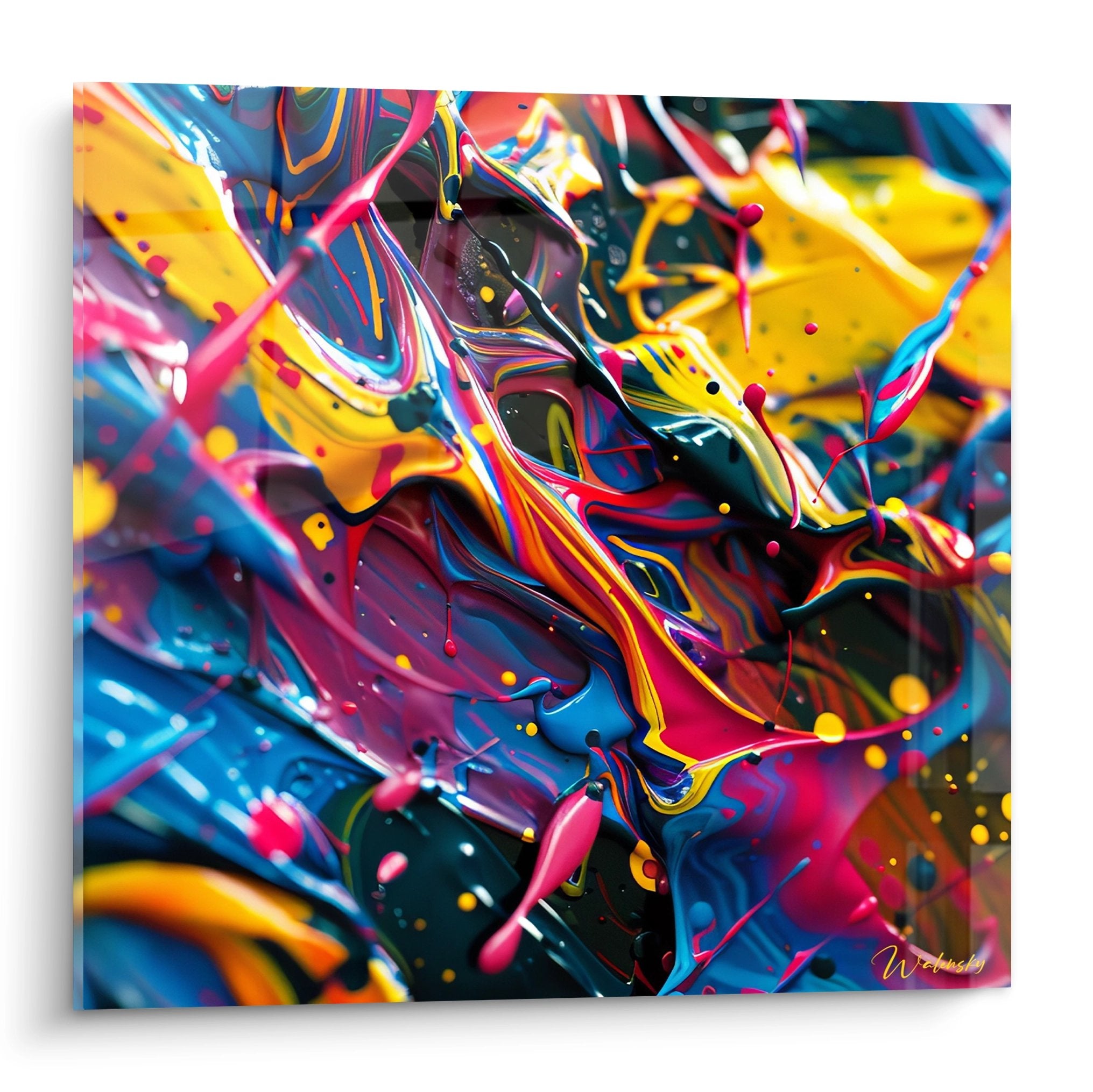 Tableau abstrait explosion couleurs fluides roses jaunes bleus art mural contemporain décoration moderne