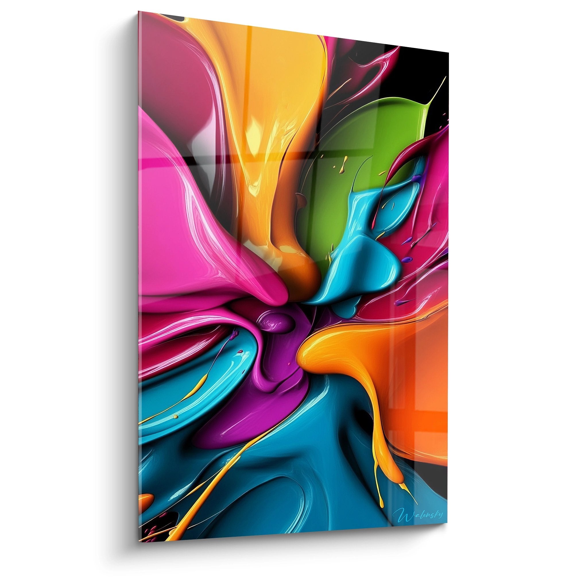 Tableau abstrait explosion couleurs fluides rose orange bleu vert moderne mural décoratif