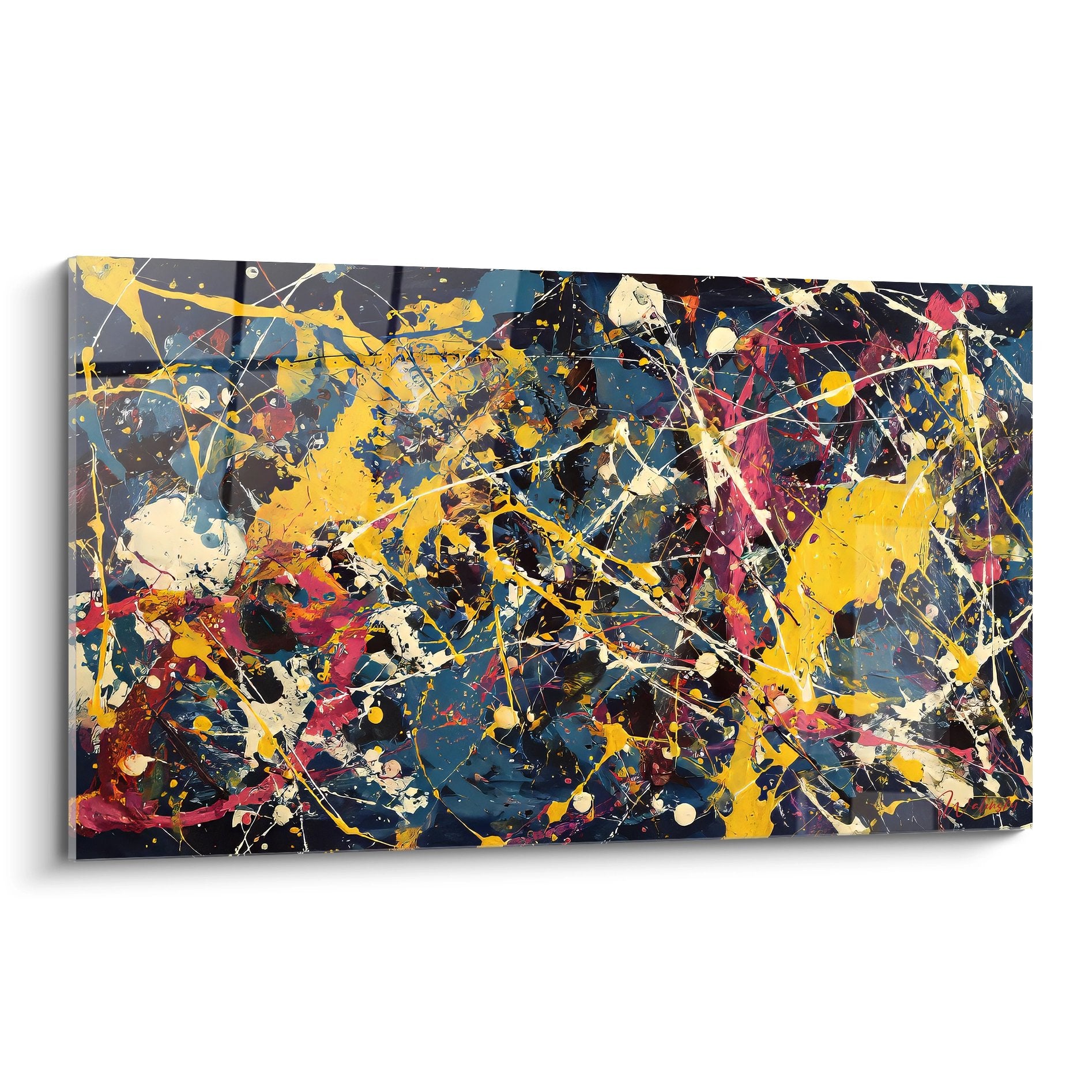 Tableau mural abstrait explosion couleurs jaune bleu rouge sur fond sombre style contemporain