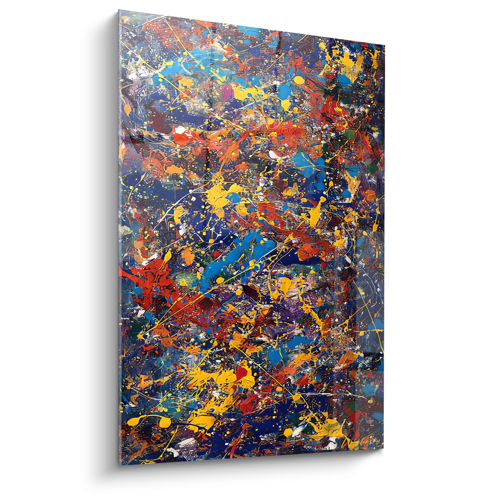 Tableau abstrait explosion de couleurs avec éclaboussures multicolores bleues jaunes rouges style moderne