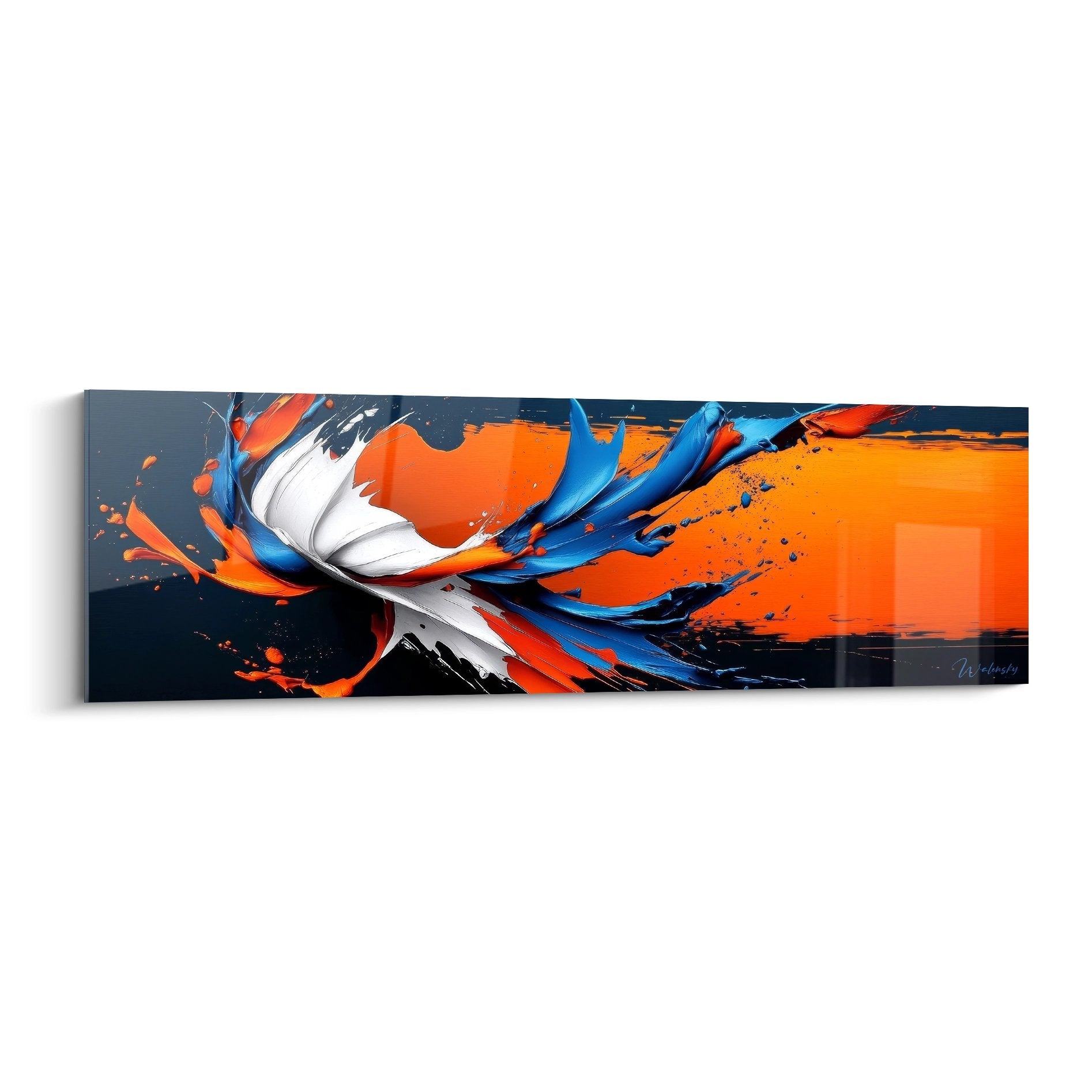 Tableau abstrait explosion couleurs orange bleu art moderne minimaliste décoration murale contemporaine