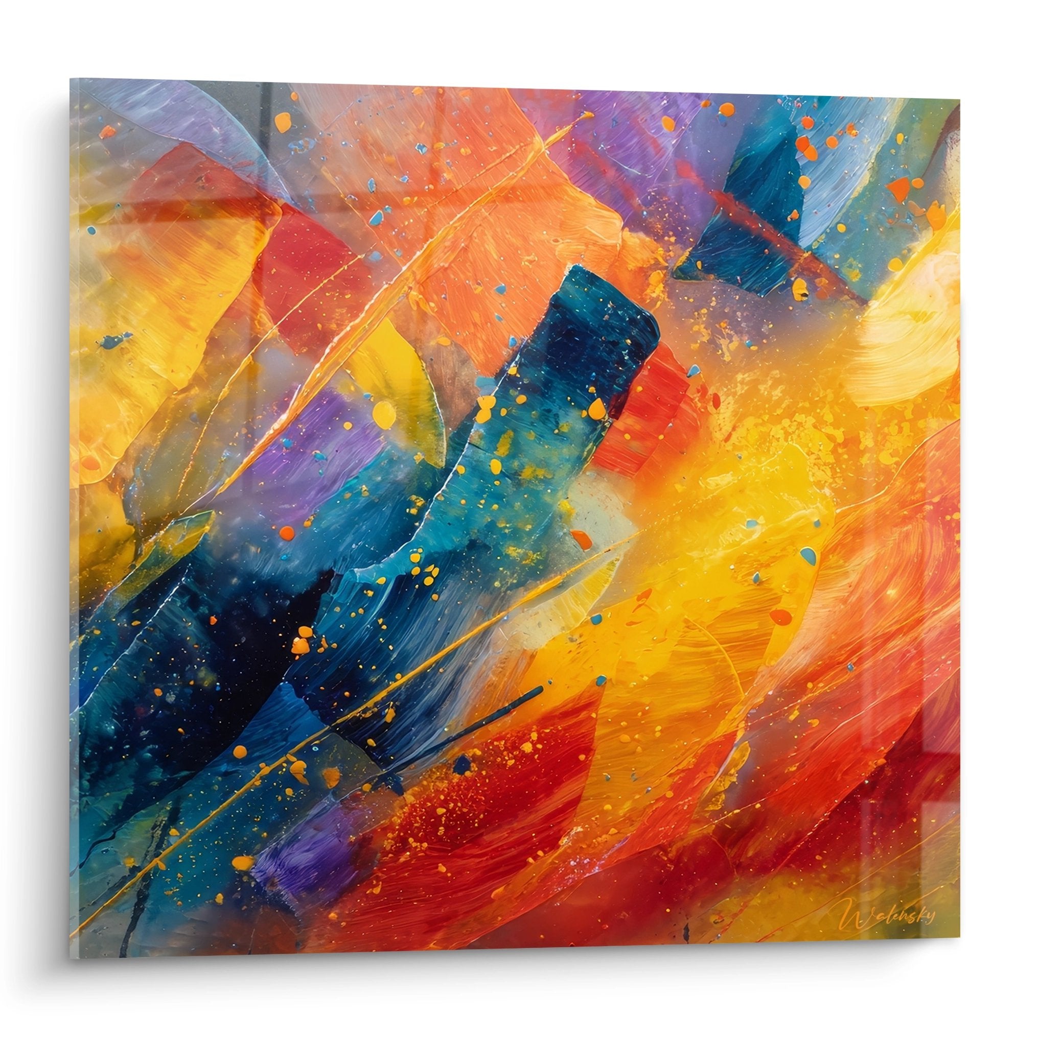 Tableau abstrait explosion couleurs orange bleu jaune style moderne peinture contemporaine