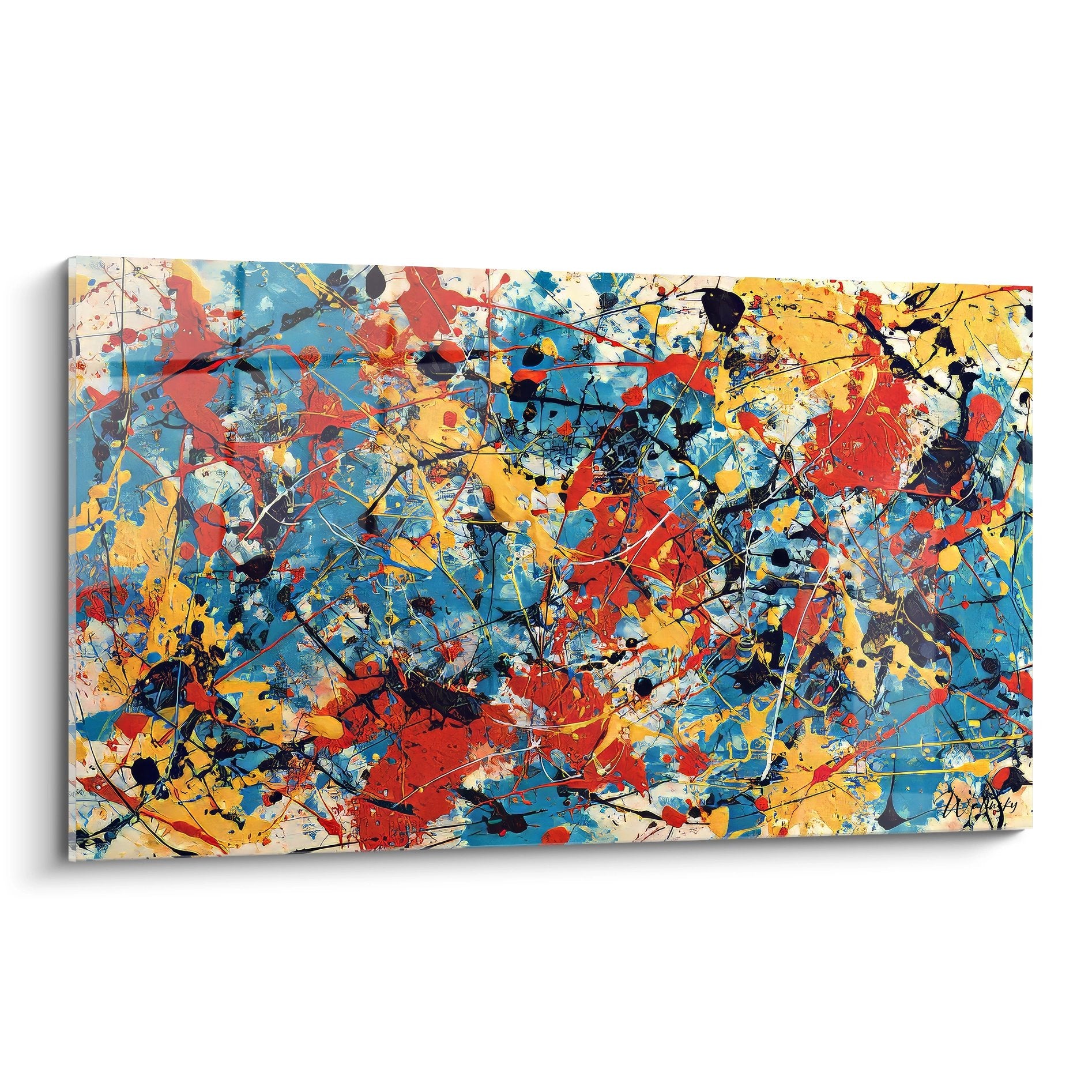 Tableau mural abstrait explosion couleurs style Jackson Pollock décoration contemporaine rouge bleu jaune