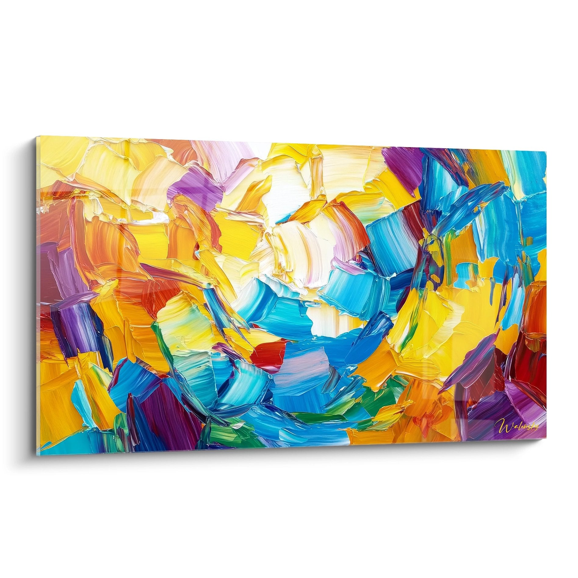 Tableau abstrait explosion couleurs vives jaune bleu orange violet peinture moderne décorative