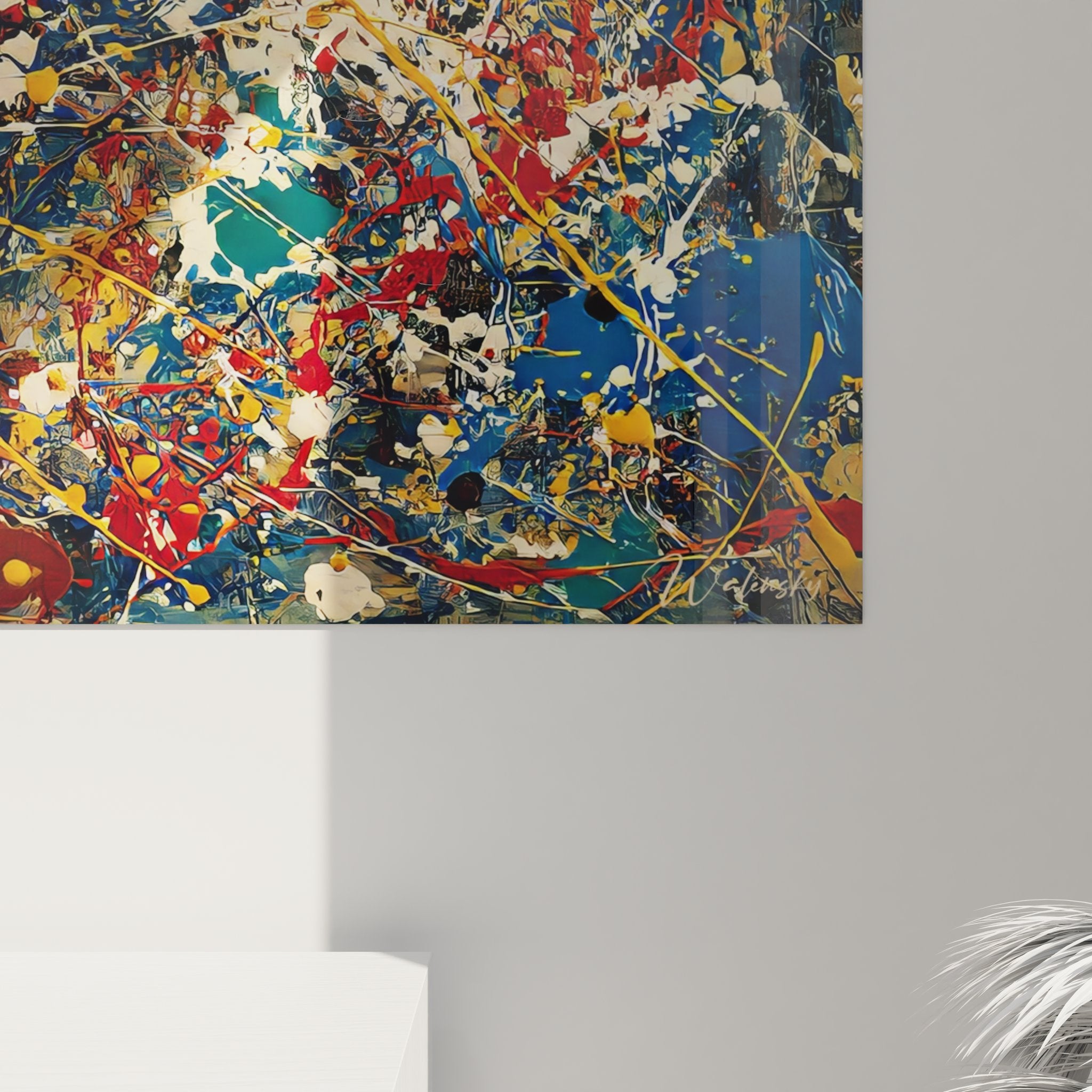 Vue ensemble tableau mural abstrait explosion couleurs peinture moderne art contemporain décoratif