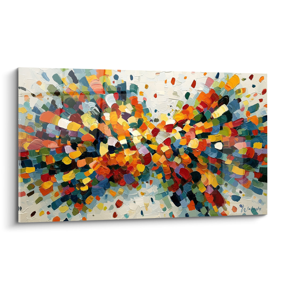 Explosion picturale orange et bleu marine au couteau, touches denses convergeant vers un centre lumineux