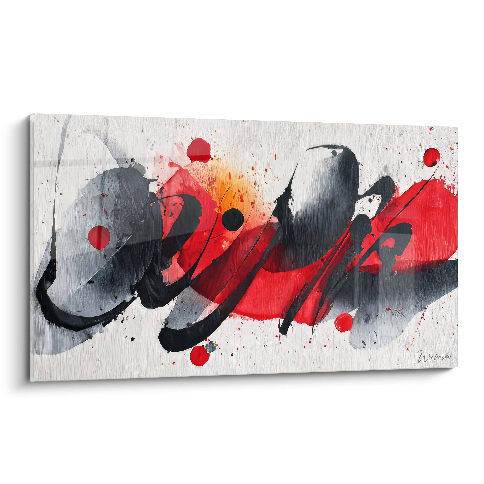 Tableau abstrait expressif rouge et noir avec mouvements gestuels sur fond blanc texturé