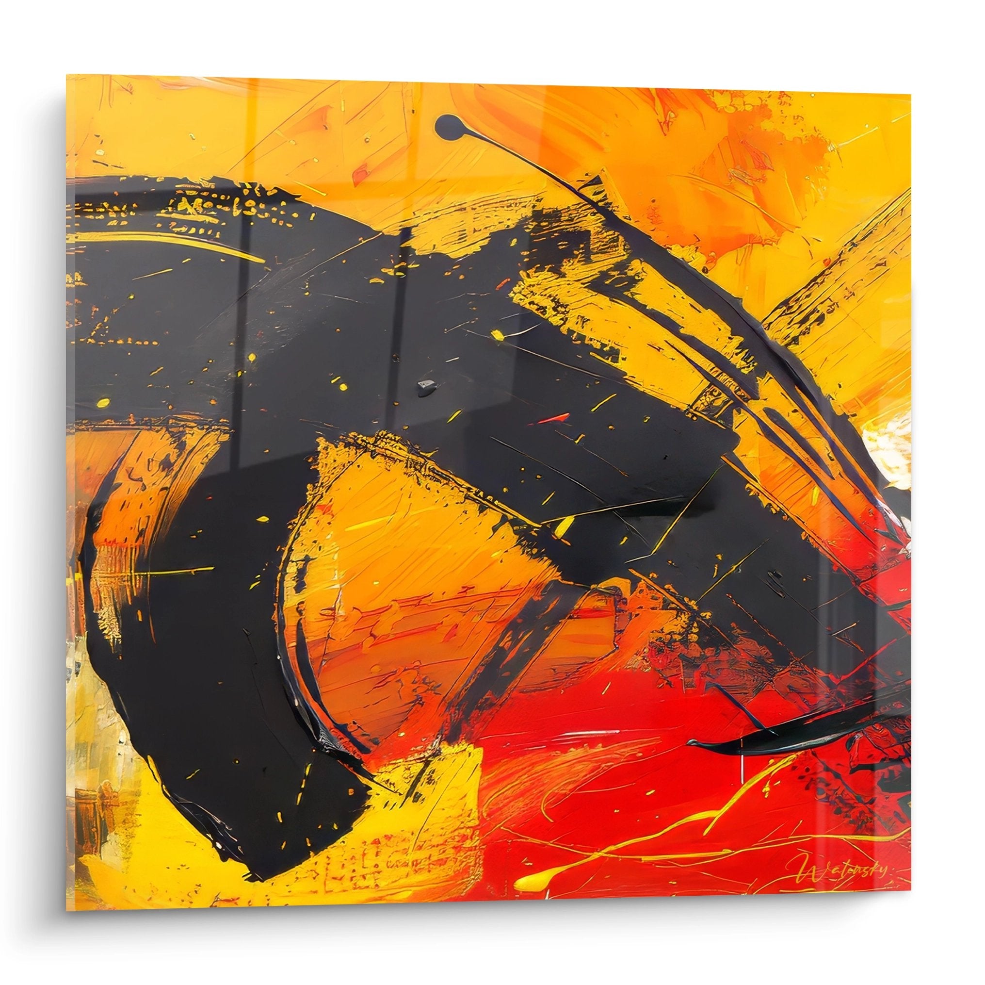 Tableau abstrait expressionniste orange et noir, peinture moderne dynamique pour décoration murale contemporaine